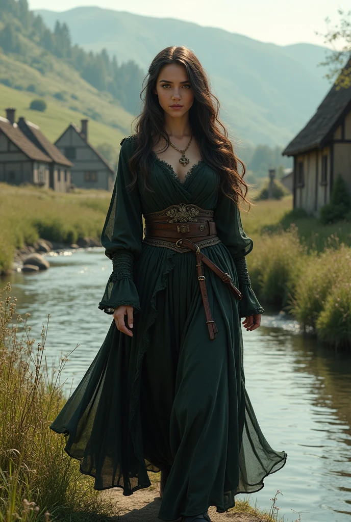 A beautiful tall and slim 19 year old with long dark brown hair and detailed light emerald green eyes, detailed face, detailed lips, walking next to a river along that sitting some old small houses with hills behind (fantasy core), dressed in a medieval hunting costume all black, full body