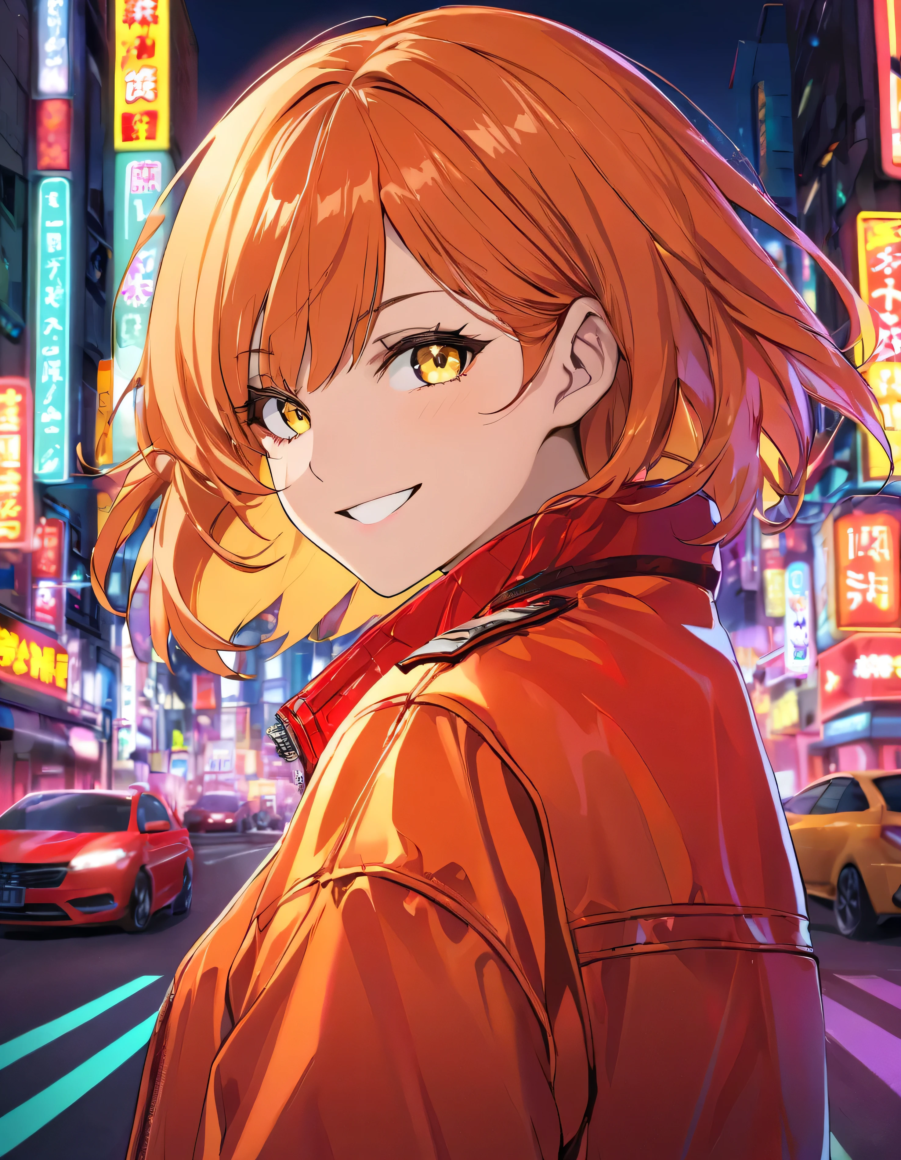 mature woman, short orange hair and yellow eyes、 face close-up、 red riders jacket clothing with a lot of exposure、A fearless smile and a slight stare 、neon city background