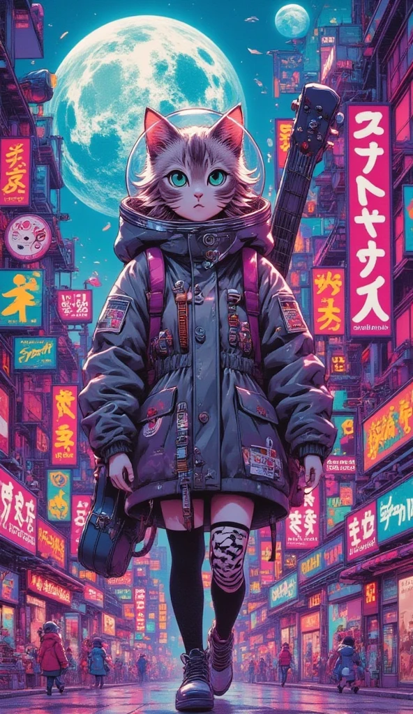 cyberpunk city, a giant planet in the sky, cat people in the street, a cat girl dressing in a large jacket and a fishbowl helmet, carrying a guitar case on her back, low ange, dutch angle,