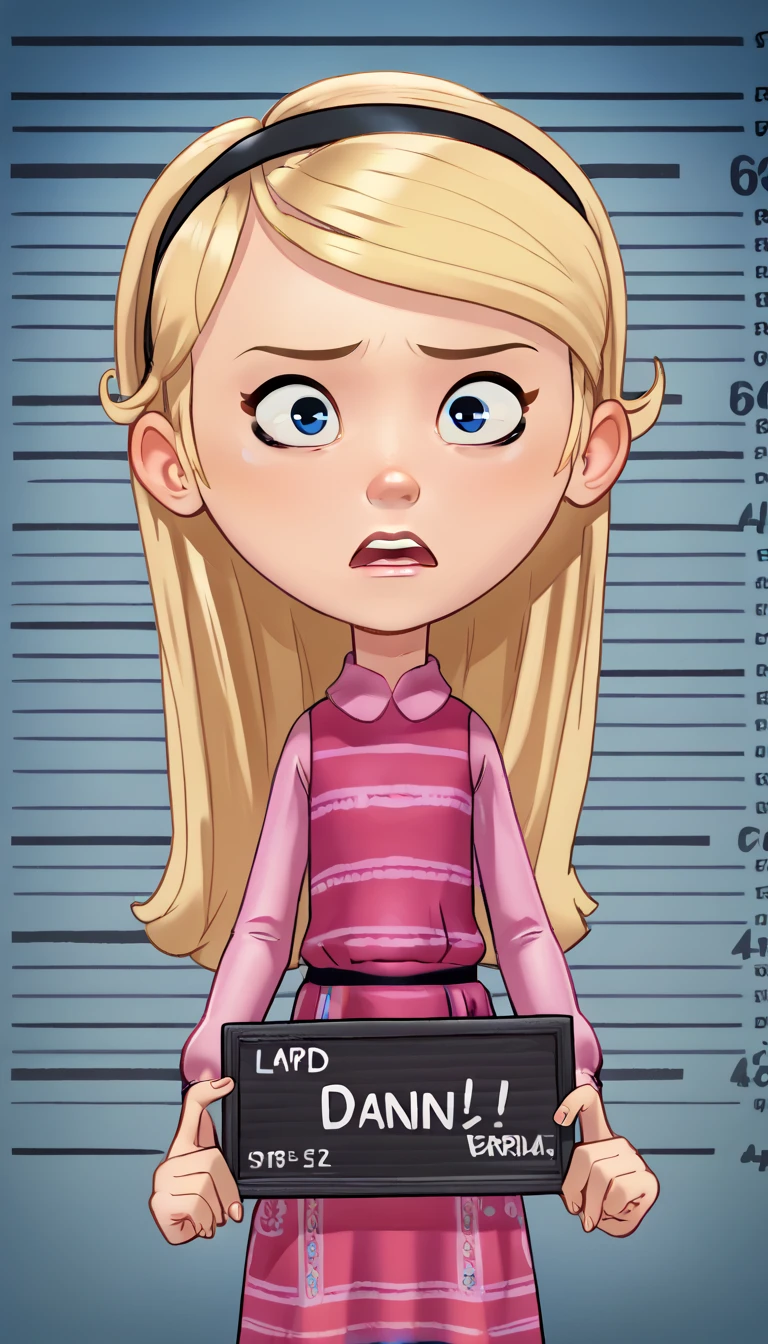 1girl, solo, full body, penny peterson, long hair, blue eyes, 3d, blonde hair, skirt, hairband, black hairband, white socks, dress, pink dress, long sleeves, Andystyle, Barbie mugshot, holding, nameplate, holding sign, letterboxed, looking at viewer, mugshot, open mouth, upper body, english text, scared, eyes Wide open 