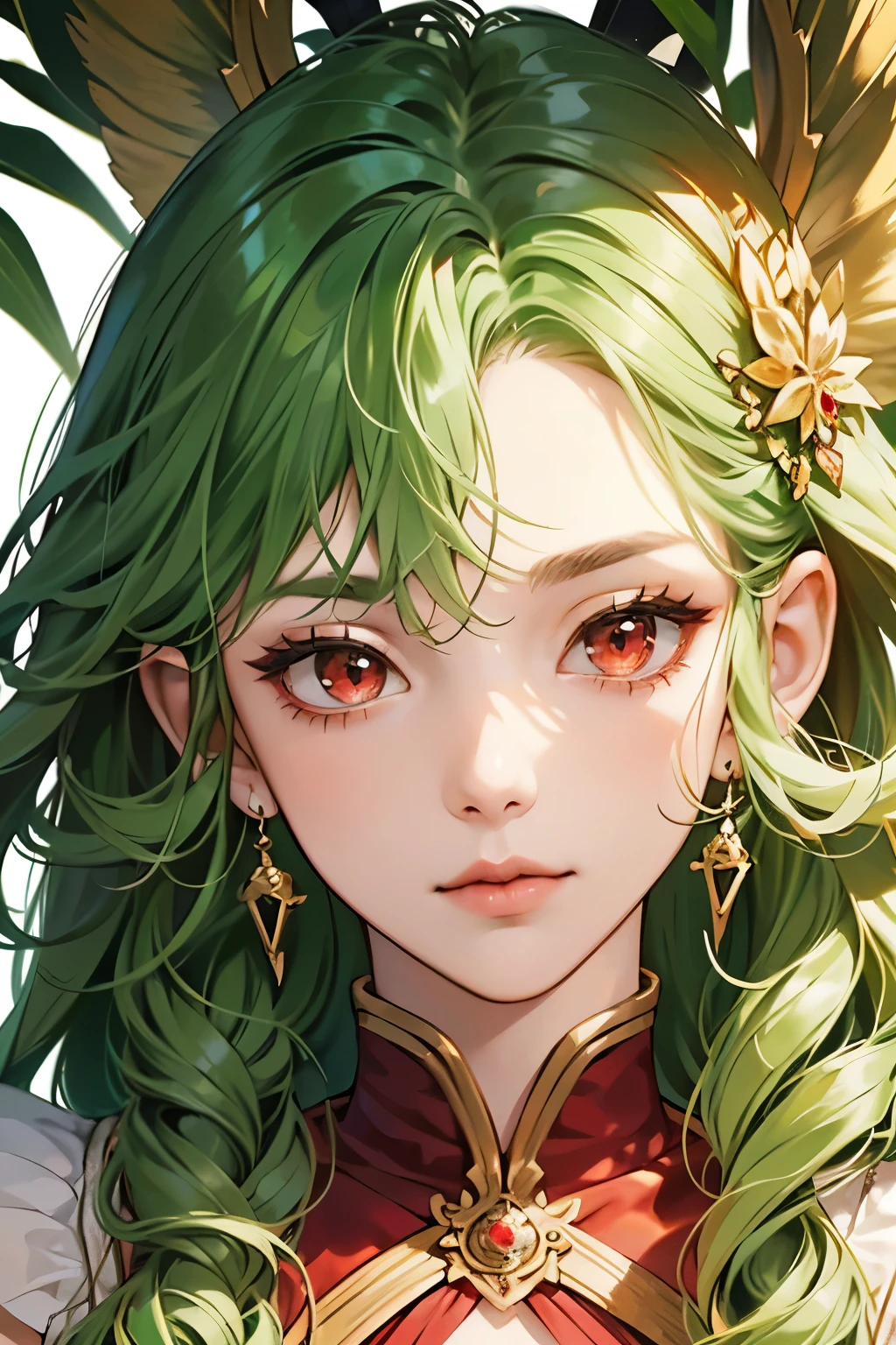 Princess, forest nymph, ethereal forest girl, perfect , hanging jewels, pretty girl, amazing body, best proportions girl , yunani red dress, ancient goddess ((((closeup face)))), looking at viewer, green long curl hair, Red eyes, closed mouth, red eyes, green long curl hair
