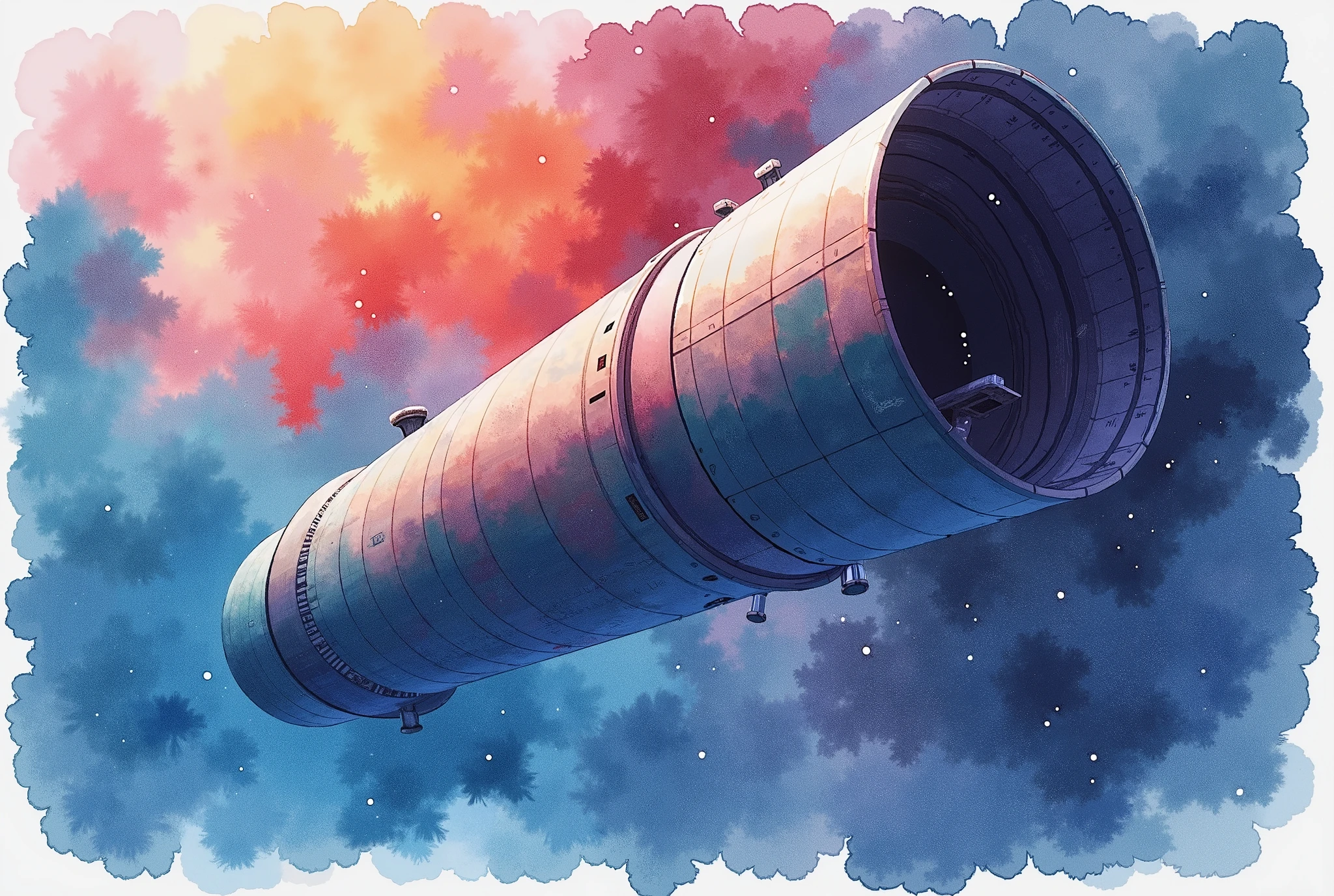 (Masterpiece:1.2,  top quality,  ultra high definition,  very detailed,  BEST ILLUSTRATIONS),8k,16k,wallpaper,space colony,,(Cylinder-shaped glass-walled space colony :2.0),(people類が増えすぎたpeople口を宇宙に移民させるようになって半世紀が過ぎた:2.0),(地球の周りの発達したpeople工都市はpeople類の第二の故郷となり、peopleはそこで子を産み、Raising 、 died :2.0),( Space Century 0078 :2.0),( Space Colony Side 3 called the Principality of Zeon :2.0),( The Principality of Zeon challenged the Earth Earth Federal Government to the War of Independence :2.0),(地球連邦とジオン公国の総people口は半分を死にいたらしめた:2.0),(people々was terrified by his own actions.:2.0),(watercolor:2.0),(The background is outer space:2.0),( and express the huge feeling of the cylinder-shaped Space Colony with depiction from below :2.0),(watercolor画)
