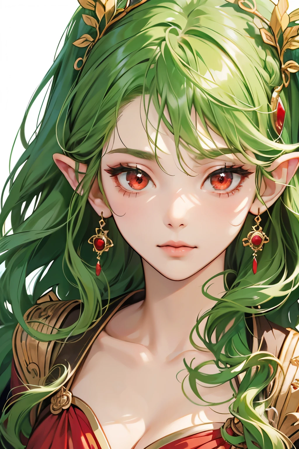 (Highest quality, masterpiece:1.2), High resolution, Very detailed, Realistic:1.37, Fantasy, An illustration, Green Eyes、Queen, Red and green swimsuit、Platinum decoration、beautifully、Eyeshadow Red、Thick eyebrows、Long eyelashes、pupils are black、Her hair is dark green、Gold crown、Kissing Face、Embarrassing、Beloved by the crowd、Hair is green、Braiding、hair ornaments、Laugh gently、Close one eye、Wink、Wink、From the waist up、(White Bikini).((Eat steak))