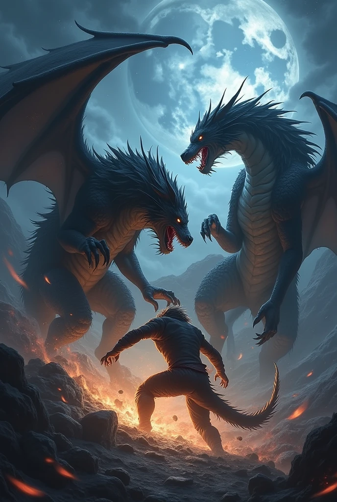 THUNDER OF GOD VS FIRE DRAGON, BOTH WITH BIG ANGRY FACES LOOKING AT A FLAMING HOLE IN THE MIDDLE OF THE PICTURE