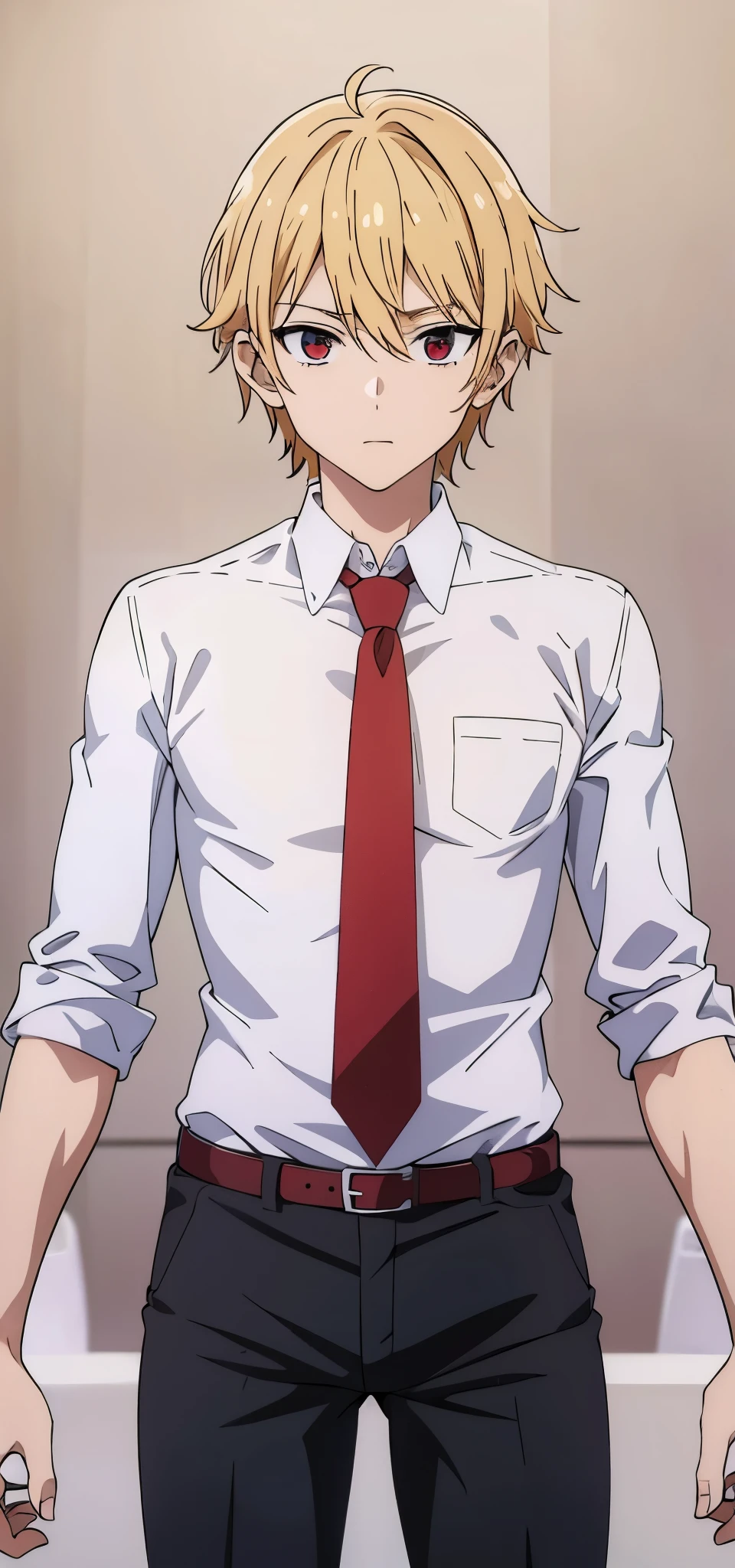 Anime boy wearing white shirt, red tie, black pants, looking at us, blonde hair 