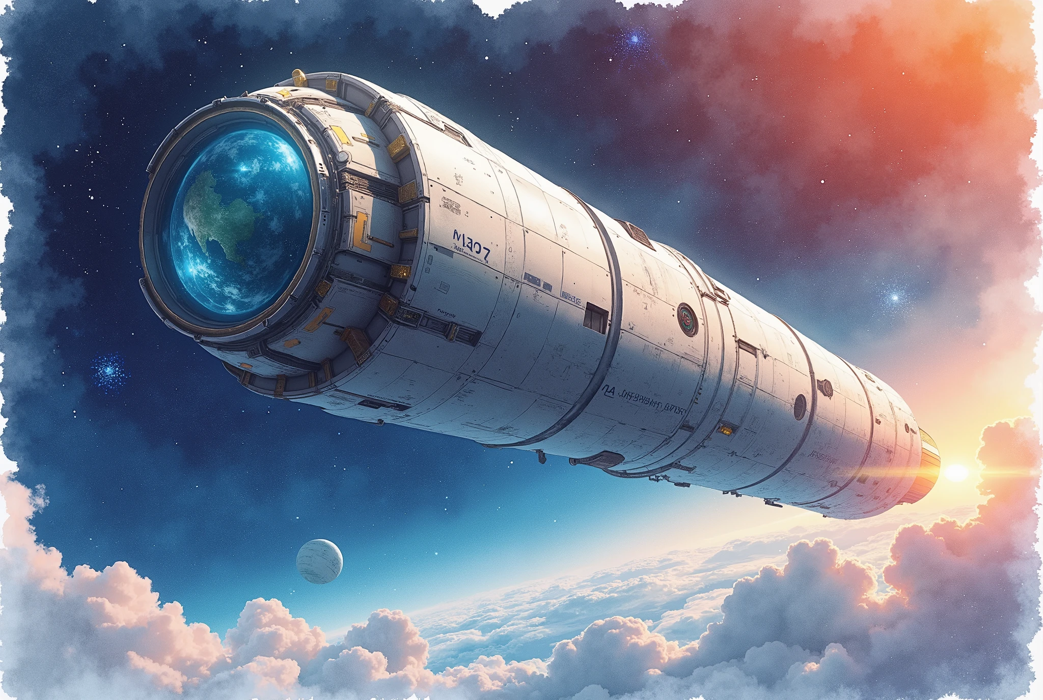 (Masterpiece:1.2,  top quality,  ultra high definition,  very detailed,  BEST ILLUSTRATIONS),8k,16k,wallpaper,space colony,,(Cylinder-shaped glass-walled space colony :2.0),(people類が増えすぎたpeople口を宇宙に移民させるようになって半世紀が過ぎた:2.0),(地球の周りの発達したpeople工都市はpeople類の第二の故郷となり、peopleはそこで子を産み、Raising 、 died :2.0),( Space Century 0078 :2.0),( Space Colony Side 3 called the Principality of Zeon :2.0),( The Principality of Zeon challenged the Earth Earth Federal Government to the War of Independence :2.0),(地球連邦とジオン公国の総people口は半分を死にいたらしめた:2.0),(people々was terrified by his own actions.:2.0),(watercolor:2.0),(The background is outer space:2.0),( and express the huge feeling of the cylinder-shaped Space Colony with depiction from below :2.0),(watercolor画)
