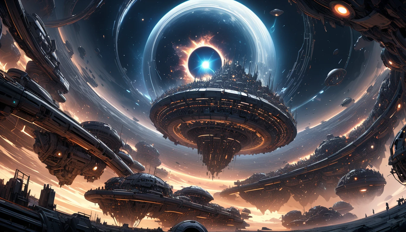 A hyper-detailed digital graphic art depicting a colossal mechanical colony floating in the vast expanse of space, The colony is composed of an intricate assembly of countless small parts each meticulously designed, The background features the eerie and captivating presence of a black hole its gravitational pull adding a dramatic tension to the scene, The overall composition is otherworldly and mystical capturing the essence of an AI-controlled ever-expanding machine fortress,