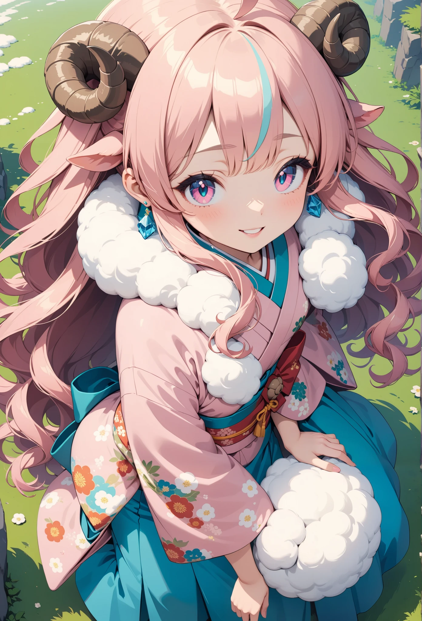 New Year, Happy New Year, Wavy Hair, High Resolution, 1girl, Super Detailed, Fluffy Hair, Streaked Hair, Character Design, Bright Pupils, Topknot, Gradient Hair, Solo, Shy, Tachi-e, Anime Style, Smile, Abatomically Correct, Masterpiece, Ahoge, Parted Lips, Very Long Hair, Pink Hair, Pink Eyes, Kimono, From Above, Wide-Angle, Hair Flower, Crystal Earrings, Soft Colors, Sheep horn