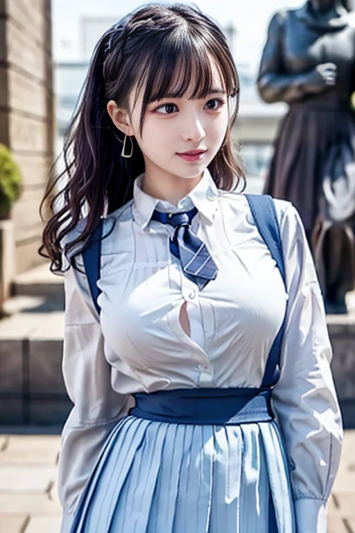 (8k, original photo, best quality, masterpiece:1.2), (actual, photo-actual:1.4), (Extremely detailed 8K wallpapers), sharp focus, depth of field, light, soft light, Delicate and beautiful eyes,shiny smooth light brown long bob hair, asymmetrical bangs, shiny skin, Super fine skin ,high resolution, high detail, Detailed hairstyle, Delicate beauty face, hyper actual, perfect limbs, perfect anatomy ,1 japanese girl,famous japanese idol, perfect female body, big breasts,Smile,short eyelashes,double eyelids,long bob hair, (Uniforms:1.3),(Miniskirt navy blue miniskirt), looking at the audience, (crowded city streets:1.3),cowboy shooting