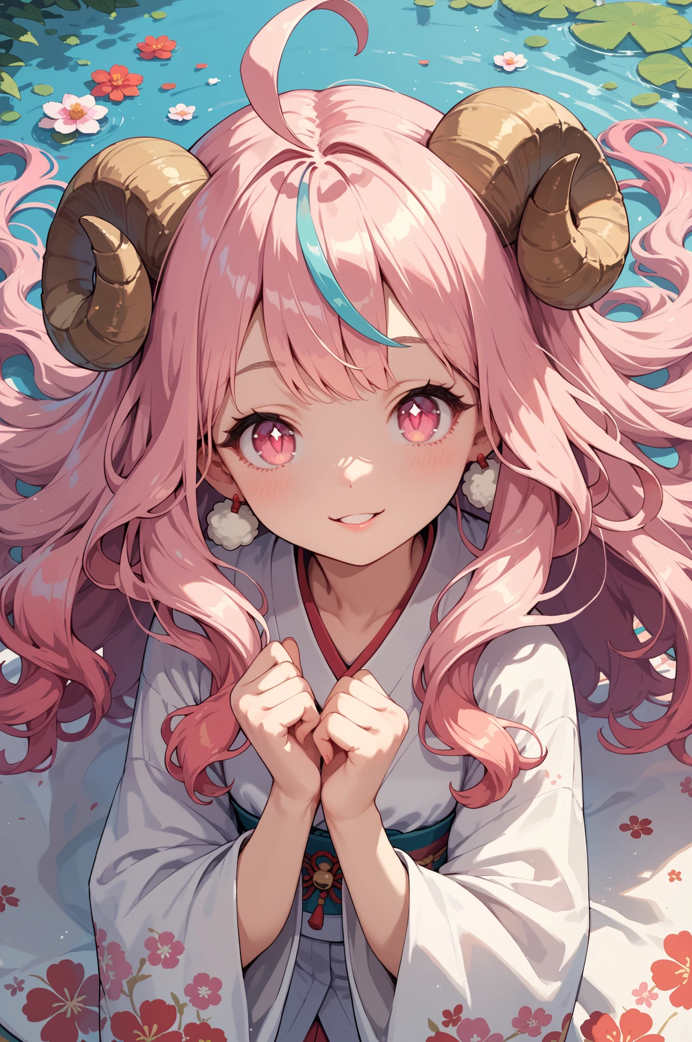 New Year, Happy New Year, Wavy Hair, High Resolution, 1girl, Super Detailed, Fluffy Hair, Streaked Hair, Character Design, Bright Pupils, Topknot, Gradient Hair, Solo, Shy, Tachi-e, Anime Style, Smile, Abatomically Correct, Masterpiece, Ahoge, Parted Lips, Very Long Hair, Pink Hair, Pink Eyes, Kimono, From Above, Wide-Angle, Hair Flower, Crystal Earrings, Soft Colors, Sheep horn