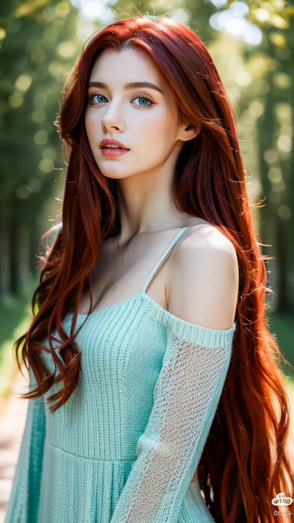 ( masterpiece, top quality, best quality,8k,17 years old girl,ultra detailed,raw photo:1.5),(photorealistic:1.4), (long red hair:1.5), (cinematic lighting), PerfectNwsjMajic, , Surrealism, uhd, ccurate, Super detail, textured skin, High detail, Best quality, dynamic angle, (high nose,White skin),[Beautiful blue eyes],[flat chest:large breasts:0.5],(1girl),(good anatomy:0.5)),(outside:1.5),dress，Smooth thighs