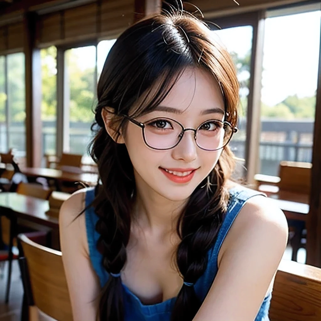 masterpiece, best quality, ultra-detailed, realistic,(1girl, smile, glasses, plait:1.2),(sleeveless), (library)