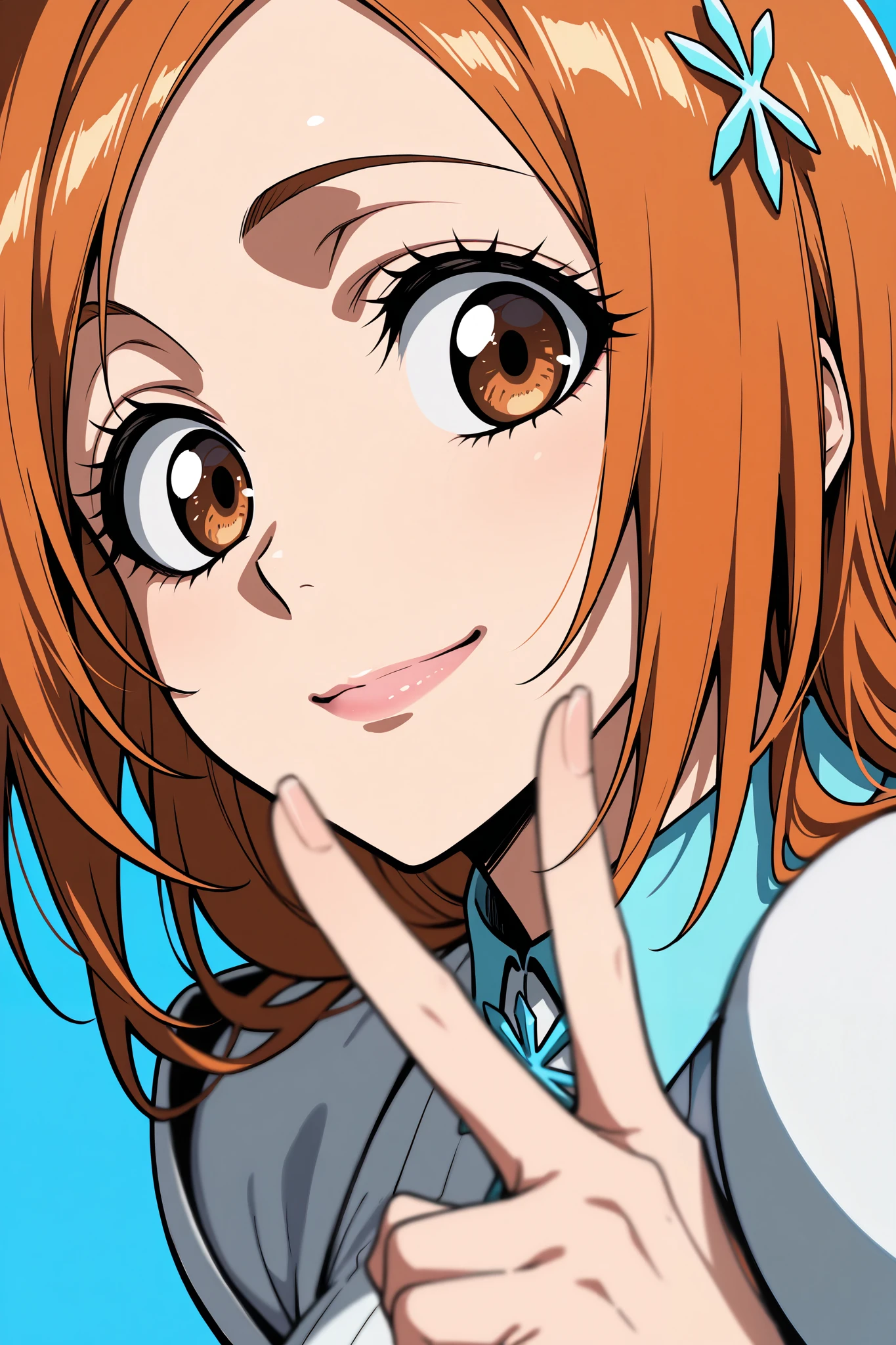 masterpiece, best quality, amazing quality, very aesthetic, absurdres, newest, scenery,highly detailed,high-resolution,close-up portrait,female,woman,inoue orihime,bleach,orange hair,long hair,brown eyes,fair skin,glossy texture,pink lips,white collared shirt,simple background,blue background,v sign,one hand,heart,focused subject,sharp focus,medium depth of field,slight smile,looking at viewer,from the side,clean lines,smooth lines,sharp,masterpiece, best quality, amazing quality, very aesthetic, absurdres, newest, scenery
