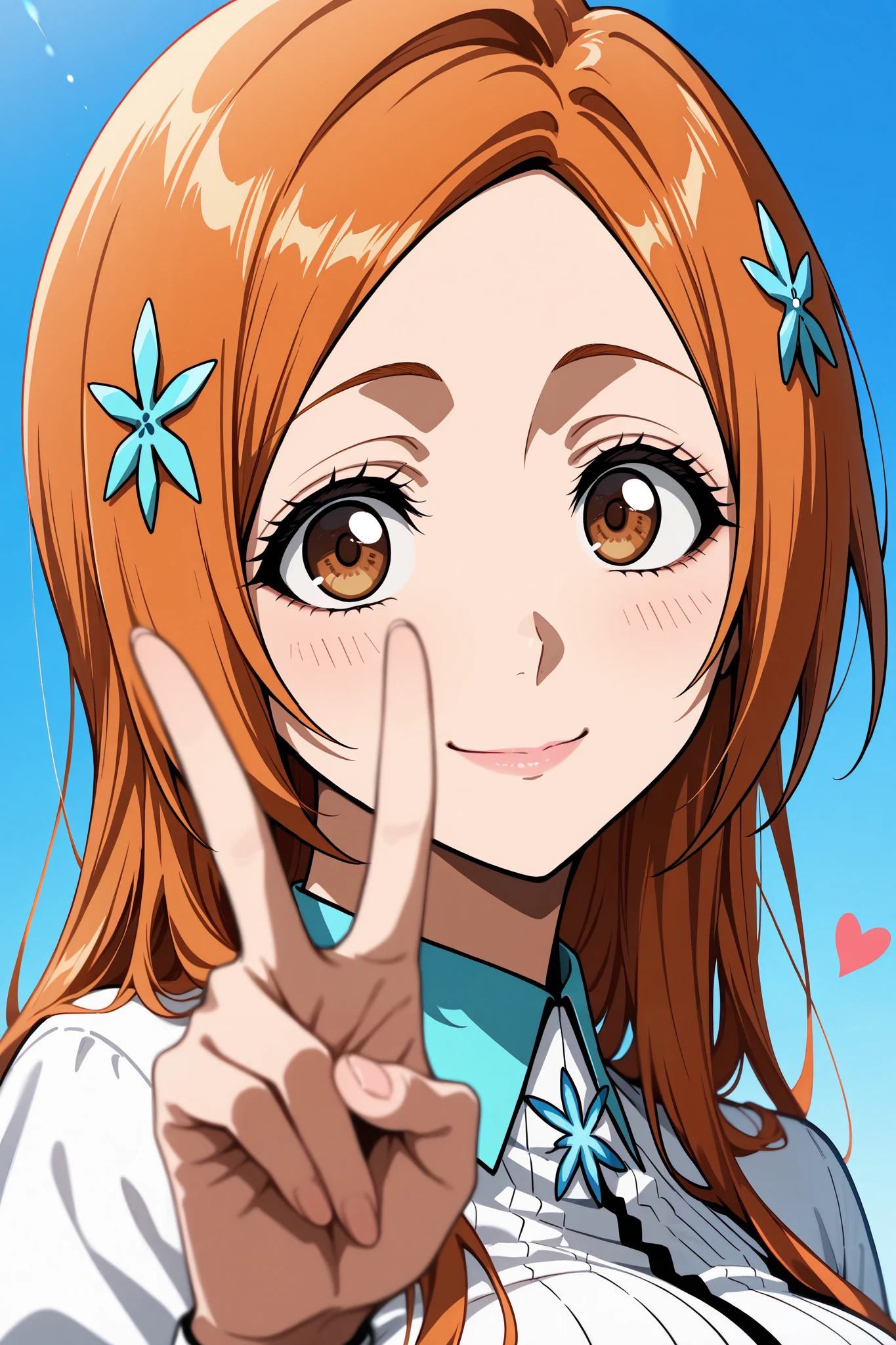 masterpiece, best quality, amazing quality, very aesthetic, absurdres, newest, scenery,highly detailed,high-resolution,close-up portrait,female,woman,inoue orihime,bleach,orange hair,long hair,brown eyes,fair skin,glossy texture,pink lips,white collared shirt,simple background,blue background,v sign,one hand,heart,focused subject,sharp focus,medium depth of field,slight smile,looking at viewer,from the side,clean lines,smooth lines,sharp,masterpiece, best quality, amazing quality, very aesthetic, absurdres, newest, scenery
