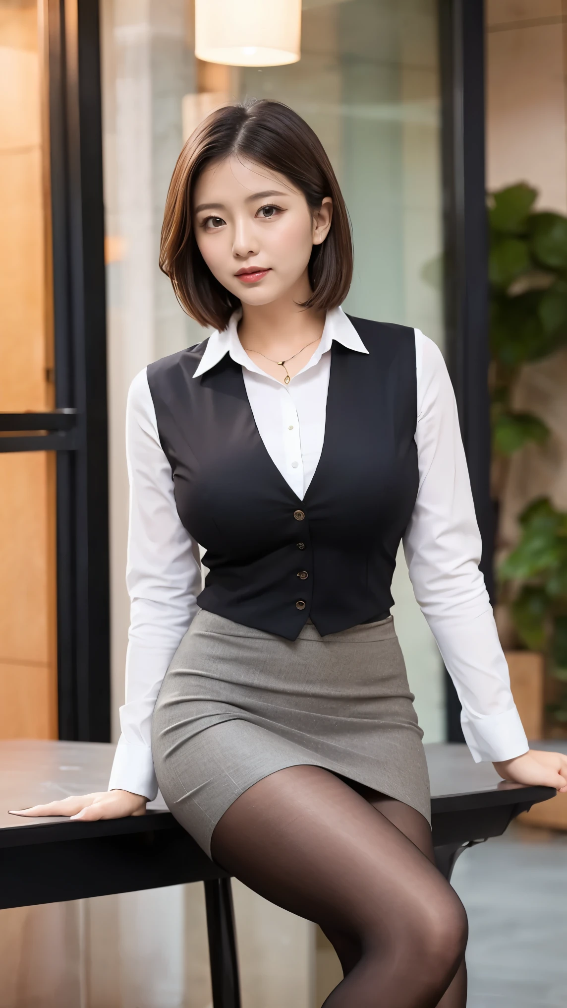((masterpiece)), ((Highest quality)), ((Complex)), ((超Realistic)), (Realistic), (Mature Woman), Sit cross-legged at a desk, office, Very detailed, 1 girl, (Large Breasts), Beautiful and detailed, Star-shaped pupils, eyelash, double eyelid, (Beautiful Teeth), Grin, Brunette bob hair, Brown eyes, (Business style attire), (Pencil Skirt), (Thighs), (stockings), (background: underground), detailed background, Perfect Eyes, Captivating eyes, Observe the audience, from before