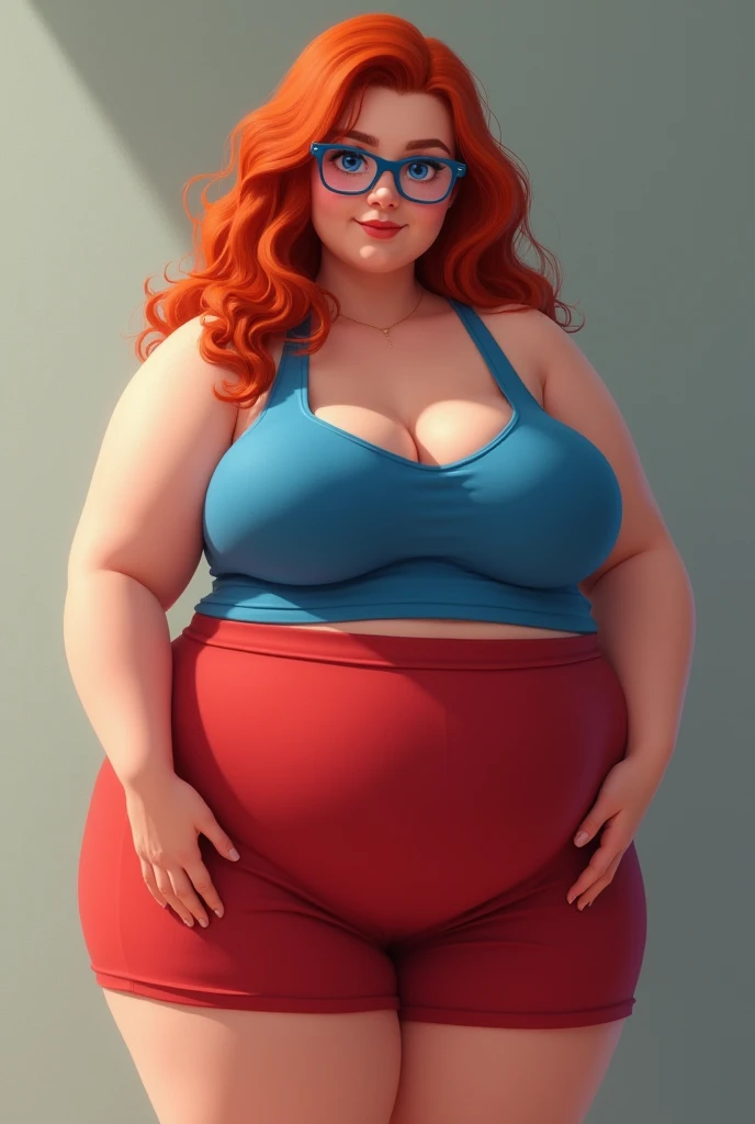 1girl, solo, Adult female, ((milf)), red hair, (long curly hair), (black jeans), blue vest, beautiful face, ((seductive expression)), blue eyes, smile, (white long sleeve shirt), subtle blush, ((masterpiece)), ((gigantic lower body)), looking at viewer, anime, fat tearing through pants, ((low riding pants)), ((ssbbw)), clear focus, ((enormous thights)), pretty eyes, heavy eyeliner, big eyelashes, round belly, back turned to viewer, ((obese)), ((morbidly obese)), ((buttcrack)), bent over, ((obese butt)), ((obese hips)), ((obese thighs))