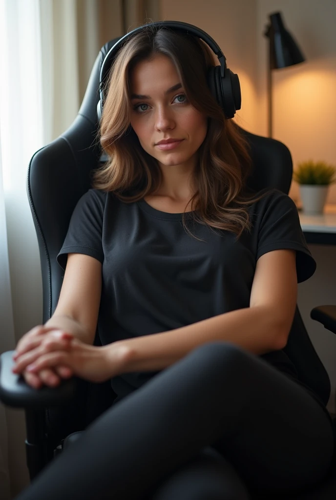 A brunette girl with brown hair, wearing a casual white tank top, sits comfortably in her gaming chair, exuding a relaxed yet confident vibe. She doesn't wear any makeup, showcasing her natural beauty. Her look is accented by a subtle, elegant necklace that catches the light. Her bedroom eyes gaze directly into the camera, conveying a sense of intimacy and allure without being overtly sexy. The portrait captures her in her element, surrounded by her impressive gaming setup, which reflects her passion and personality. The gaming equipment is in high detail, emphasizing her as a serious gamer. The room's ambient lighting casts a soft glow, enhancing the cozy atmosphere. The full body shot reveals a hint of her style beyond the gaming world, with her wearing comfortable leather pants that complement the gaming chair's aesthetics. In this stunning photo, the brunette girl's attractive pose and satisfied expression tell a story of someone who's both a dedicated gamer and effortlessly charming.