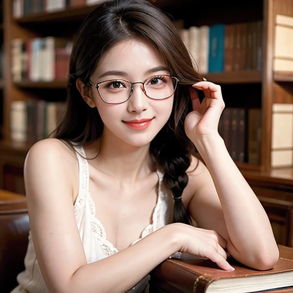 masterpiece, best quality, ultra-detailed, realistic,(1girl, smile, glasses, plait:1.2),(sleeveless), (library)