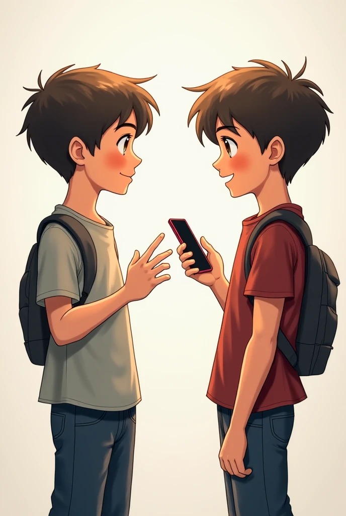 A boy scolds another boy, both have phones in their hands