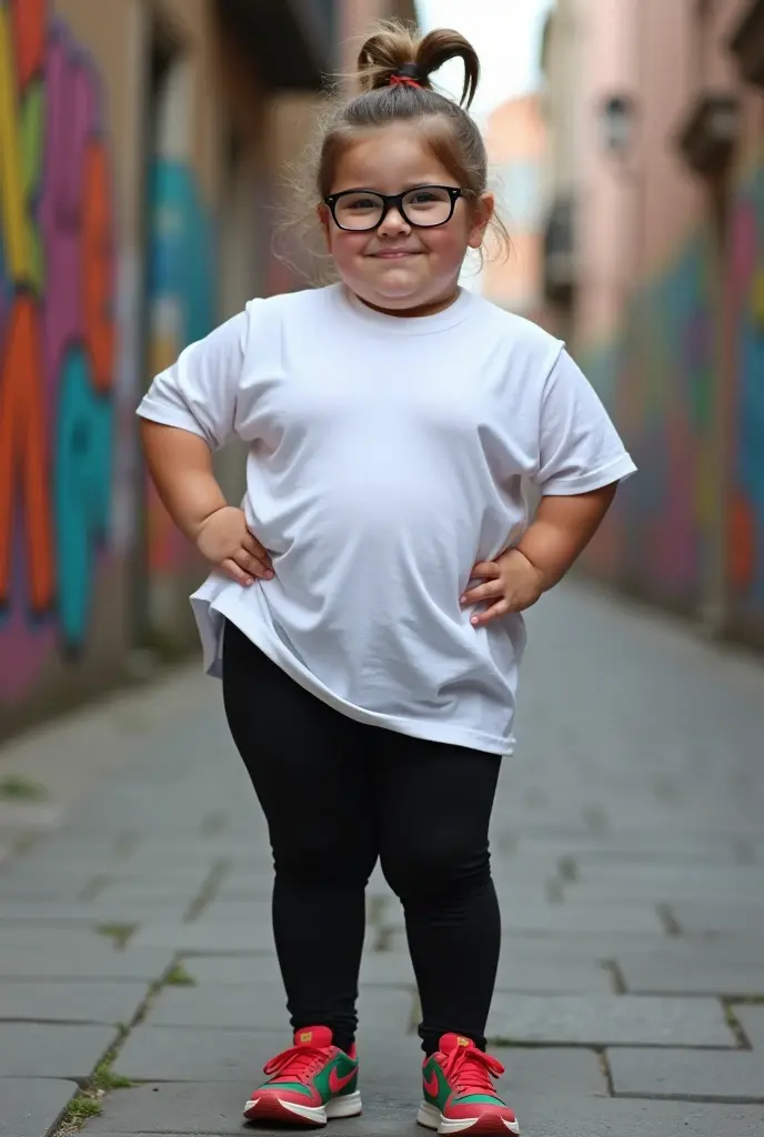 Chubby Caucasian 19 year old girl, ponytail, round face with button note, wearing big glasses,white oversized long tshirt inside that reaches the hips,has big hips, black leggings and red and green sneakers full body ,her handt on her hips smirking seductively at viewer