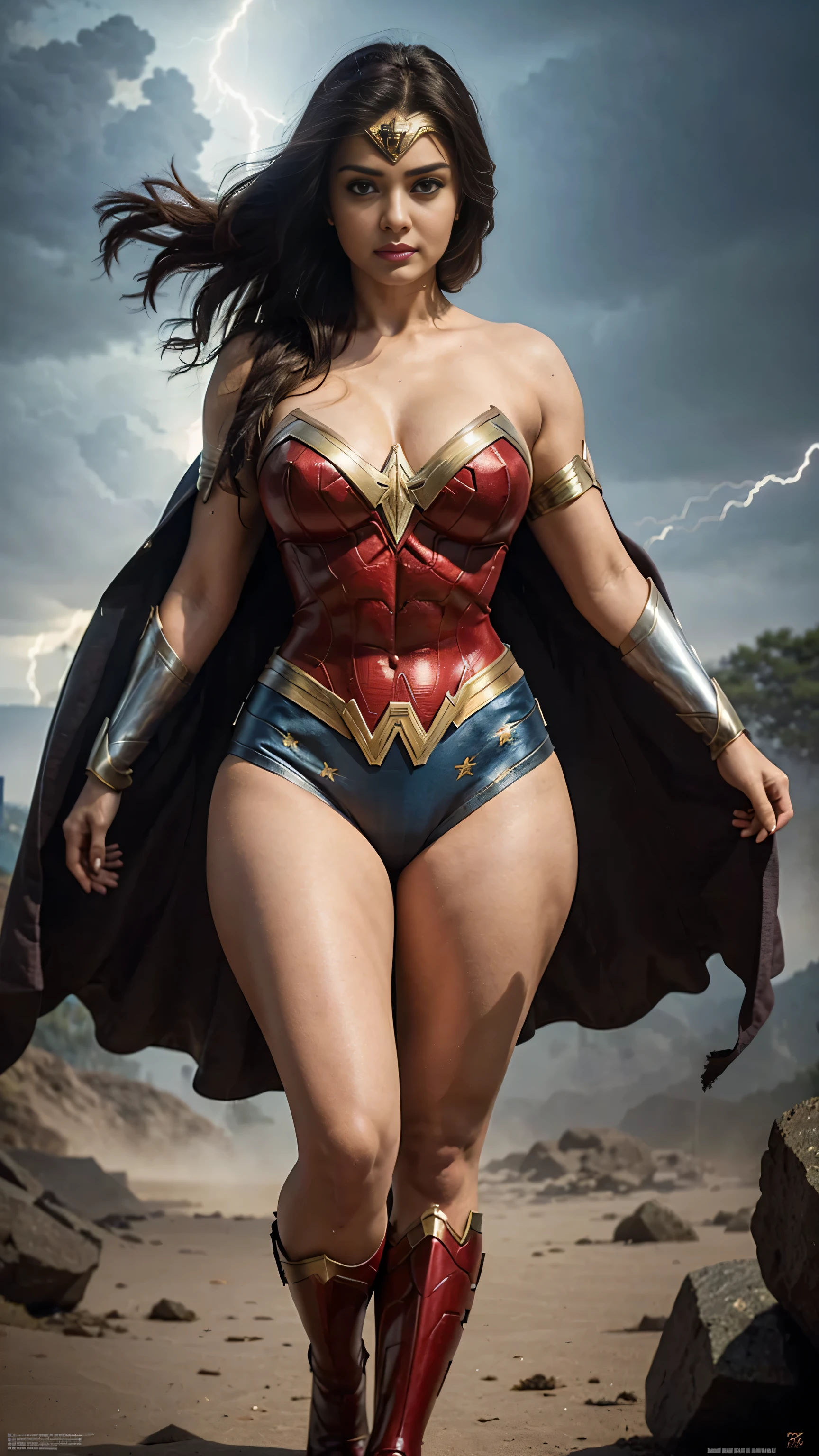 Wonder Woman, wide hips, curvy, long legs, big ass, beautiful eyes, beautiful, full body, thick high, sexy swimsuit outfit, background city, fighting
