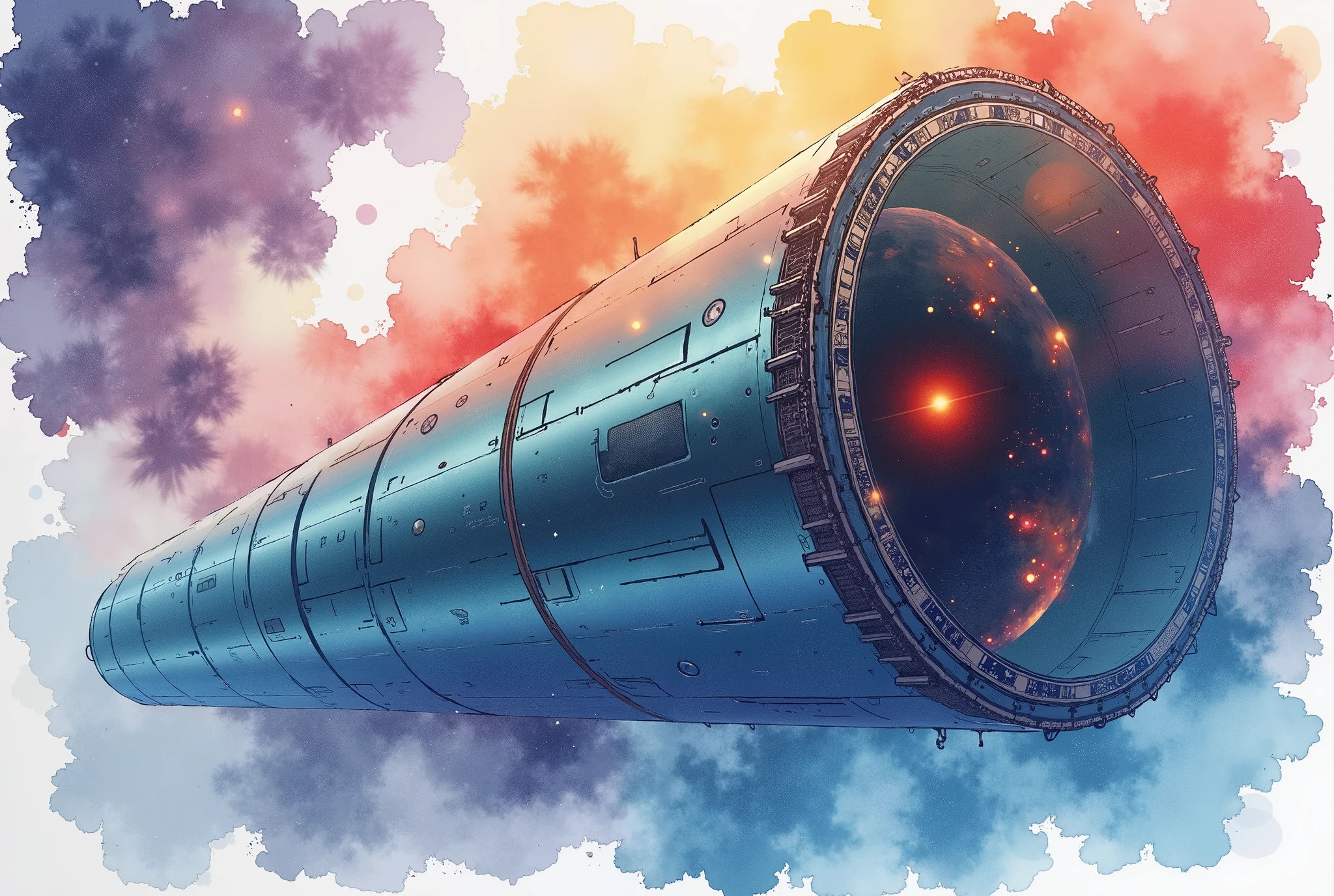 (Masterpiece:1.2,  top quality,  ultra high definition,  very detailed,  BEST ILLUSTRATIONS),8k,16k,wallpaper,space colony,,(Cylinder-shaped glass-walled space colony :2.0),(people類が増えすぎたpeople口を宇宙に移民させるようになって半世紀が過ぎた:2.0),(地球の周りの発達したpeople工都市はpeople類の第二の故郷となり、peopleはそこで子を産み、Raising 、 died :2.0),( Space Century 0078 :2.0),( Space Colony Side 3 called the Principality of Zeon :2.0),( The Principality of Zeon challenged the Earth Earth Federal Government to the War of Independence :2.0),(地球連邦とジオン公国の総people口は半分を死にいたらしめた:2.0),(people々was terrified by his own actions.:2.0),(The background is outer space:2.0),( and express the huge feeling of the cylinder-shaped Space Colony with depiction from below :2.0),(Watercolor)
