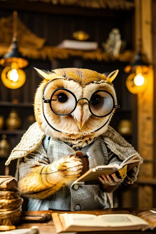 Barn Owl ，Alone,Gentleman，Curator of the Museum，fine， cute，Round Glasses，holding a book,