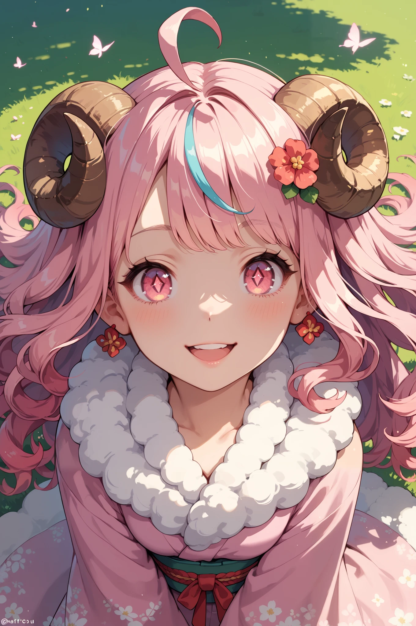 New Year, Happy New Year, Wavy Hair, High Resolution, 1girl, Super Detailed, Fluffy Hair, Streaked Hair, Character Design, Bright Pupils, Topknot, Gradient Hair, Solo, Shy, Tachi-e, Anime Style, Smile, Abatomically Correct, Masterpiece, Ahoge, Parted Lips, Very Long Hair, Pink Hair, Pink Eyes, Kimono, From Above, Wide-Angle, Hair Flower, Crystal Earrings, Soft Colors, Sheep horn