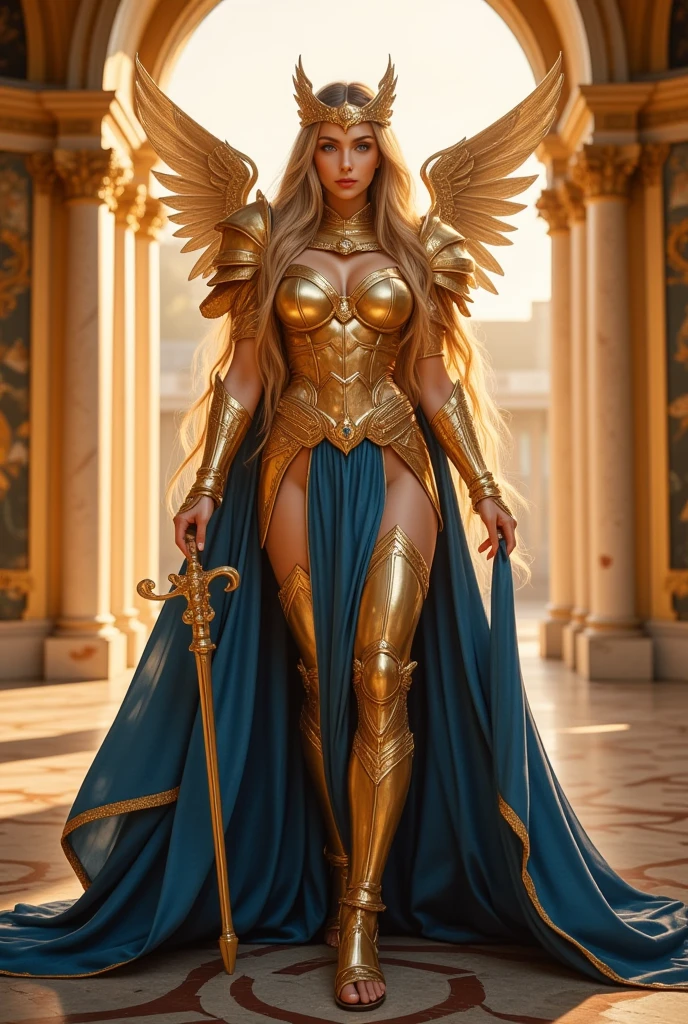 At 2, Octávia embodies divine beauty and grace in every aspect. Her long, golden hair flows like molten gold, cascading over her flawless, radiant skin. Her azure blue eyes, striking and otherworldly, reflect both her celestial nature and the wisdom she has gained.Octávia's attire showcases her elevated status and celestial power. She dons an opulent, intricately detailed golden armor that accentuates her perfect form while merging elegance with martial strength. The armor is adorned with celestial patterns that shimmer subtly, highlighting her divine presence. A wide, ornate belt with a central family emblem cinches the armor at her waist, signifying her noble heritage.Instead of a traditional helmet, she wears a delicate golden diadem designed to resemble angelic wings, enhancing her ethereal beauty. Her flowing cape, a deep celestial blue with golden edges, billows elegantly behind her, mimicking the grandeur of angelic wings. Her sandals, high and adorned with golden accents, complete her regal and divine ensemble.The backdrop is a majestic Roman palace, its grandeur reflecting her celestial beauty and noble lineage. The opulent architecture features towering columns, intricate mosaics, and lavish decorations that emphasize her divine grace. The light filters through large, arching windows, casting a warm, ethereal glow over the scene. With her powers of flight, super speed, and invulnerability, Octávia stands as a formidable and enchanting figure, perfectly at home in this magnificent setting.