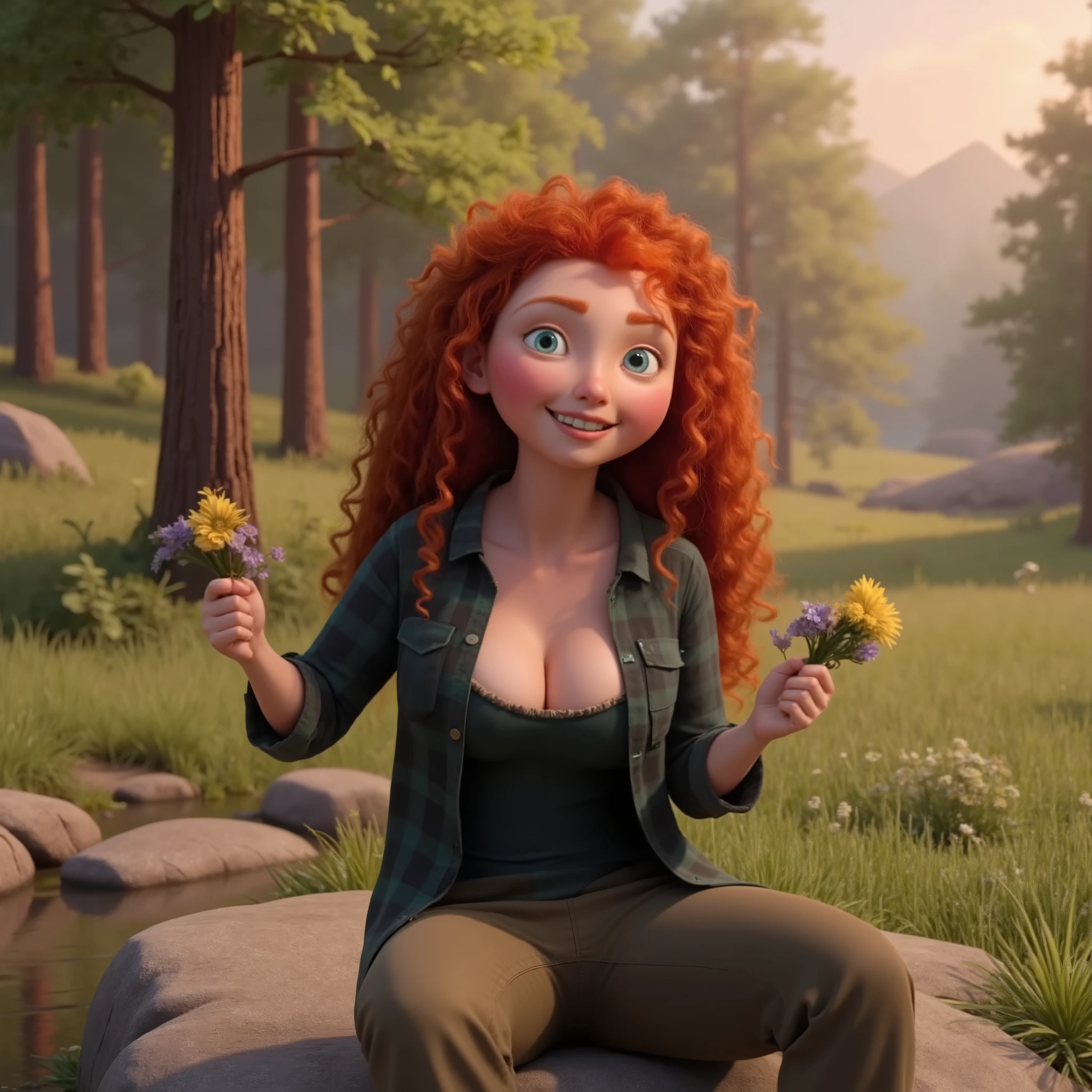 This is a CGI-rendered image of dism3r1d4, a young woman with long, curly, bright red hair, sitting on a large, smooth rock in a lush, green forest. The woman has fair skin and expressive blue eyes, with a cheerful, open-mouthed smile. She is dressed in a casual, outdoor outfit consisting of a green and black plaid shirt with the sleeves rolled up, a dark green tank top underneath that accentuates her ample cleavage, and olive-green pants that are rolled up to the knees, revealing sturdy brown boots. Her attire suggests a practical, outdoorsy style. In her left hand, she holds a small bouquet of wildflowers, including yellow and purple blooms, adding a touch of natural beauty to the scene. The background features tall, majestic trees with thick trunks and dense foliage, casting a dappled light across the scene. The forest floor is covered in vibrant green grass and patches of moss, with a small stream flowing nearby, adding a serene, peaceful ambiance to the image. The sky is clear with a warm, golden light, indicating either early morning or late afternoon, enhancing the overall warm and inviting atmosphere. The image captures a moment of tranquility and connection with nature.