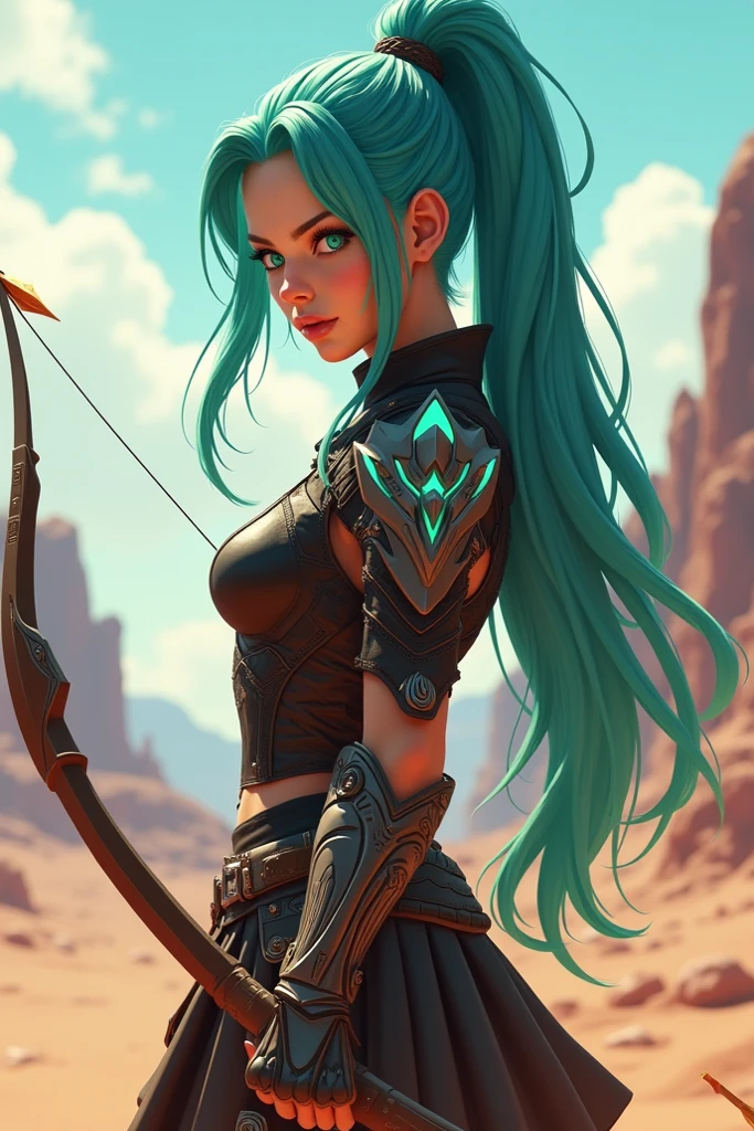 (EyesHD:1.2), masterpiece, best quality, ultra-detailed, very aesthetic, sharp focus, depth of field, vibrant colors, ray tracing, best lighting, detailed illustration, detailed background, cinematic, beautiful face, beautiful eyes, 1girl, cowboy shot, from the side, shooting arrow, bow and arrow, desert background, long teal hair tied in a flowing ponytail, bright blue eyes, blush on her face, She wears a highly detailed leather armor brown, black, and teal with sharp angular designs and glowing cyan highlights, intricate armor pieces, sleek shoulder pads, thigh guards, Her pose is soft and slightly shy, looking gently toward the viewer. Highly detailed with sharp lines, vibrant colors, and a polished finish. dynamic and futuristic aesthetic,lamiapgr, long hair, braided hair,drawing bow (weapon) , aiming at viwer, arrow (projectile), bow (weapon), holding bow, darwing bow