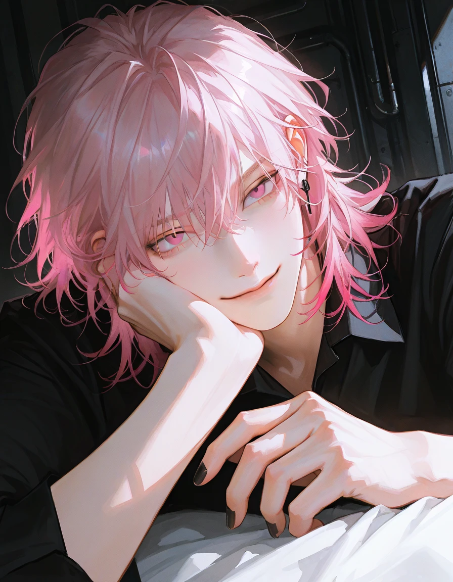 Handsome man, mature man, 1 man, handsome man, dark pink hair, light pink highlights, messy hair, short to medium hair, black shirt, black nail polish, collared shirt, dark pink eyes, sly smile , hazy atmosphere, lying, technological background, dark background, black earrings, high details, cinematic light, realistic skin, vivid brushstrokes, realistic hands, semi-realistic art, semi-realistic art style, impressionist painting,detailed art style, expressive brush strokes, vibrant brush strokes, impressionist painting,Semi Realistic, Semi-Realistic Art, Semi-Realistic Artstyle