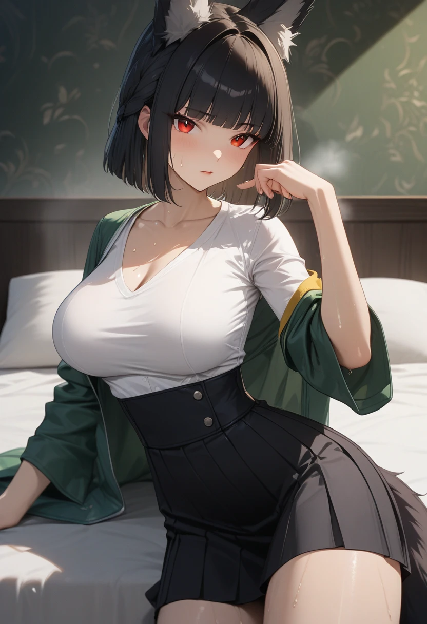 masterpiece,best quality,high resolution,16k,ultra HD,wallpaper,illustration,perfect face,cowboy shot,beautiful detailed eyes,extremely detailed face,perfect lighting,extremely detailed CG,perfect hands,perfect anatomy,perfect body,perfect hands,perfect fingers,1woman,full body,,black long hime cut hair,red eyes,large breasts,Medium ass,,(light green jacket suit inner white shirt),black school skirt,clothed,,collarbone,,looking at viewer, (),Steam,sweat,on the bed,(Zenless Zone Zero character Miyabi), black fox ears,single foxtail from coccyx,