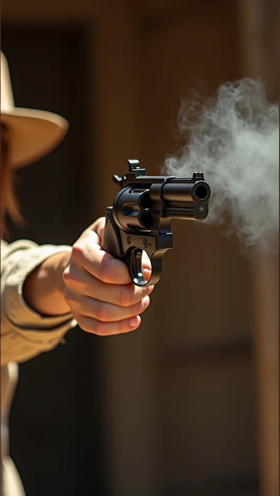 A close-up, cinematic view of a  arm and hand holding a black six-shooter revolver, firing a shot in a dramatic western-style scene. The focus is on the hand gripping the revolver and the smoke emerging from the barrel, captured from a side angle. Warm, golden lighting enhances the texture of the skin and the metallic shine of the gun, with a blurred background to emphasize the intense action