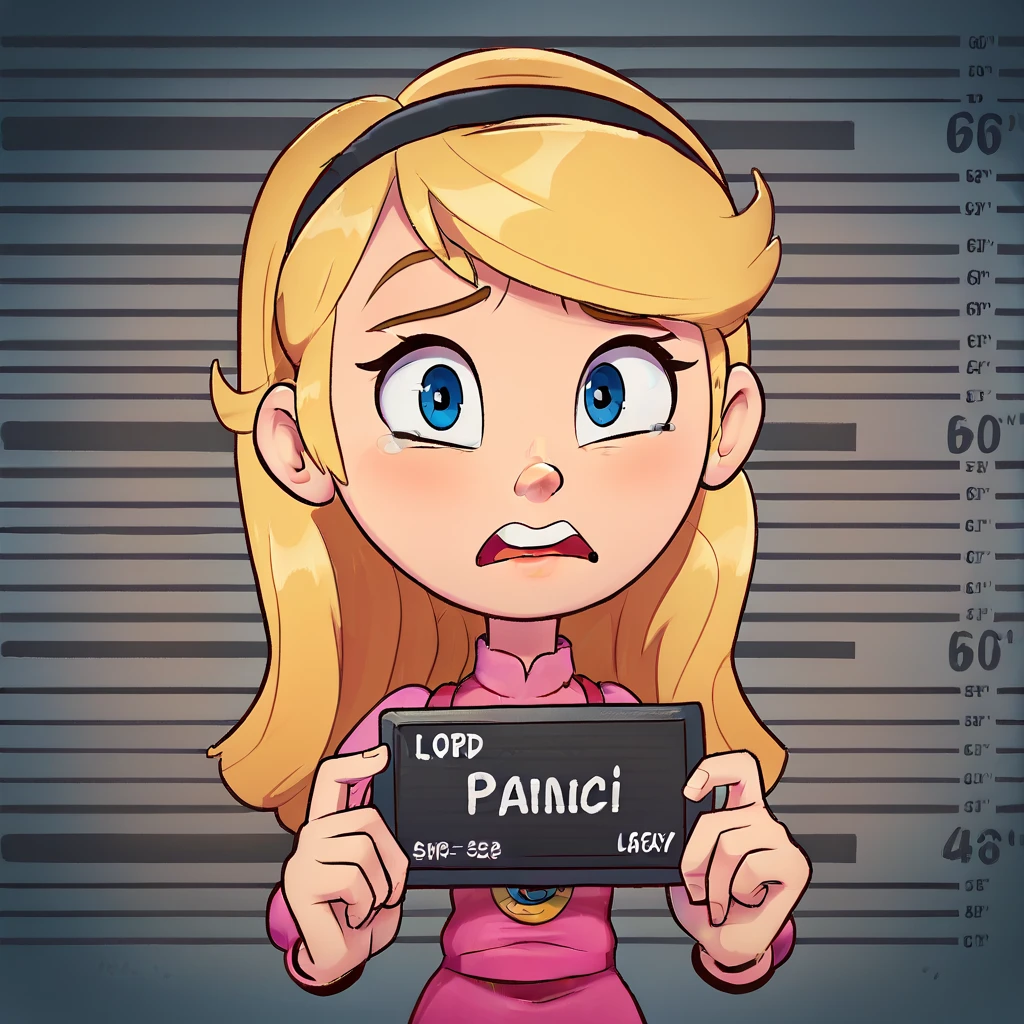 1girl, solo, full body, penny peterson, long hair, blue eyes, 3d, blonde hair, skirt, hairband, black hairband, white socks, dress, pink dress, long sleeves, Barbie mugshot, holding, nameplate, holding sign, letterboxed, looking at viewer, mugshot, open mouth, upper body, english text, scared, eyes Wide open 