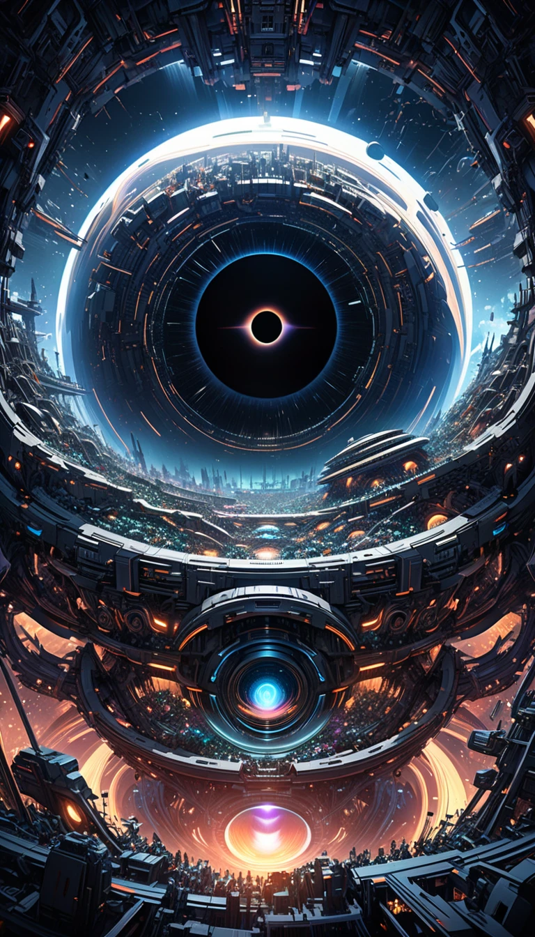 A hyper-detailed digital graphic art showcasing a mechanical colony set against the backdrop of a black hole, The colony is constructed from a myriad of tiny intricately connected parts constantly proliferating and evolving, Dramatic lighting highlights the interplay of light and shadow enhancing the mystical atmosphere, The scene is both futuristic and surreal representing an AI-driven stronghold in an imagined cosmic realm,