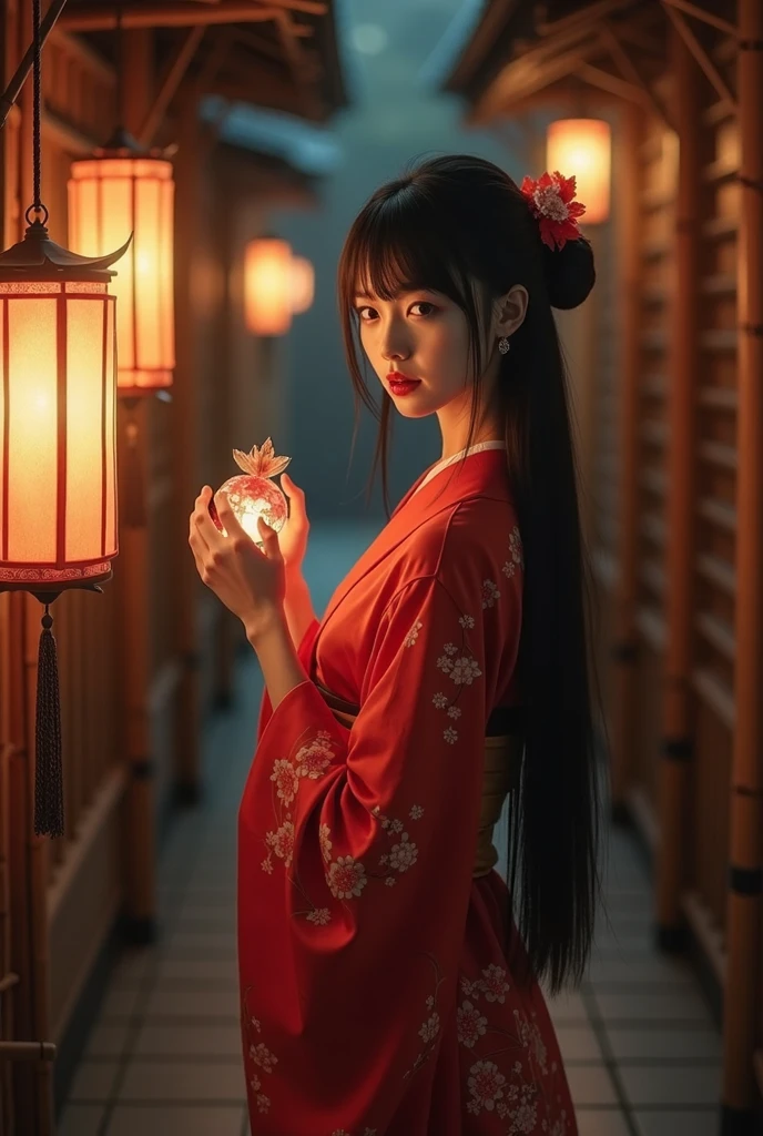 A woman with straight black hair in a red kimono is looking back while holding a ball.。 The background is a corridor of a Japanese mansion at night.、There are bamboo and bamboo lanterns 。  the woman has a slightly soft smile 。  the overall atmosphere is bewitching 。

The object she is holding is a ball.。It can also be written as 'mari'.。
