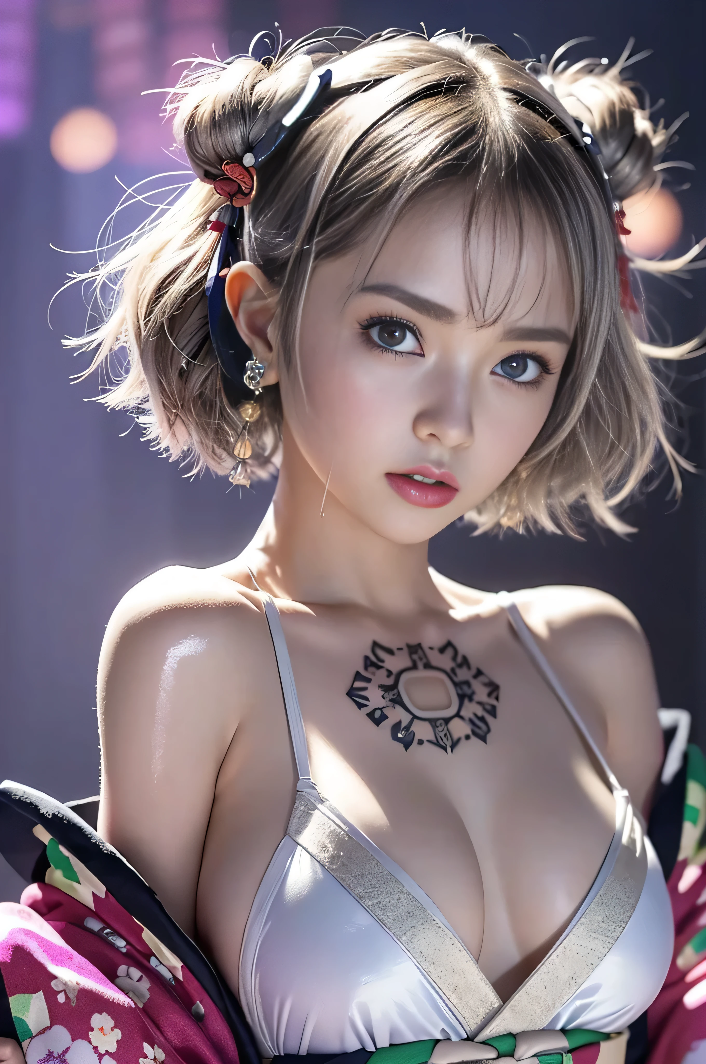 (sfw:1.5),(masterpiece, highest quality)、 Cute beauty、18-year-old、(((1 female))), Camera shooting from below、Face close-up、Looking at the audience, (((Gray Hair)))、Highly detailed shiny short bob hairstyle:1.4, short hair:1.8、Beautiful symmetrical face、Beautiful and attractive woman、Whity, lips, bangs, Outdoor, Mouth closed, Upper Body、Big eyes、eyelash、(((Blue Costume)))、((Very simple black background:1.8))、(((Looking at the audience、Show me your ears、Long neck、smile、smile)))、Ideal body type、(((huge big breasts , Cleavage:1.6、Happy smile、Beautiful Teeth)))、(((Anatomically correct:1.5)))、(Perfect body proportions)、 ((Round face)), Realistic Eye Size, Big Eyes、Droopy eyes