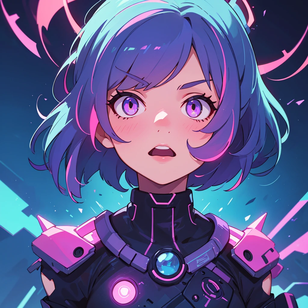 A futuristic neon portrait of a woman looking upwards, illuminated by vibrant pink and purple neon lights against a deep blue background. The character has short, sleek hair with glowing highlights, wearing a glossy, reflective outfit with a cyberpunk aesthetic. The lighting creates dramatic shadows and highlights, emphasizing the smooth and polished textures. Highly detailed, cinematic lighting, vibrant colors, and a sci-fi art style.