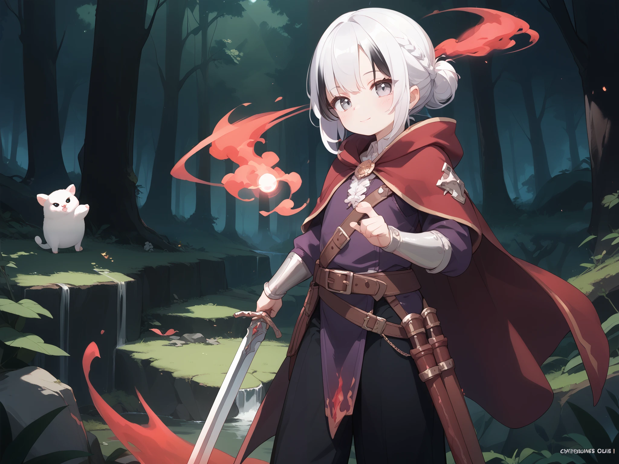a wizard with a definite shirtless physique , white eyes and white hair with black highlights, with two swords and a red aura exuding from his body, with a dark forest setting at night