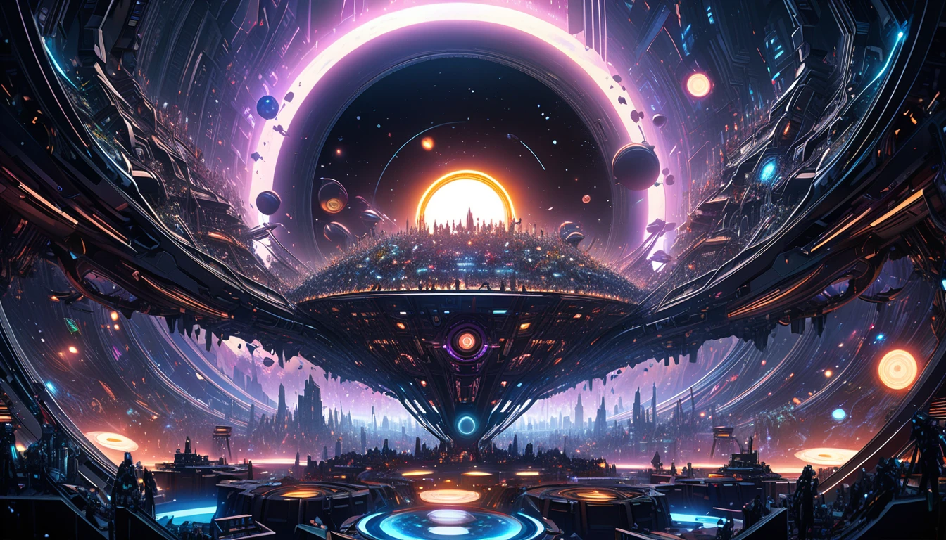 A hyper-detailed digital graphic art showcasing a mechanical colony set against the backdrop of a black hole, The colony is constructed from a myriad of tiny intricately connected parts constantly proliferating and evolving, Dramatic lighting highlights the interplay of light and shadow enhancing the mystical atmosphere, The scene is both futuristic and surreal representing an AI-driven stronghold in an imagined cosmic realm,