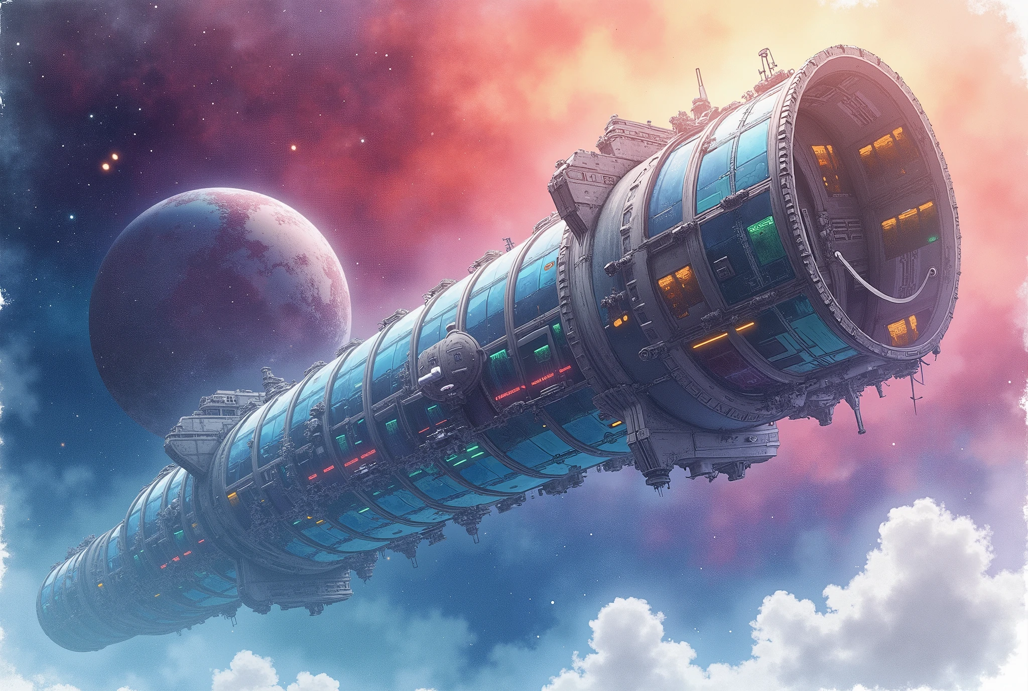 (Masterpiece:1.2,  top quality,  ultra high definition,  very detailed,  BEST ILLUSTRATIONS),8k,16k,wallpaper,space colony,,(Cylinder-shaped glass-walled space colony :2.0),(people類が増えすぎたpeople口を宇宙に移民させるようになって半世紀が過ぎた:2.0),(地球の周りの発達したpeople工都市はpeople類の第二の故郷となり、peopleはそこで子を産み、Raising 、 died :2.0),( Space Century 0078 :2.0),( Space Colony Side 3 called the Principality of Zeon :2.0),( The Principality of Zeon challenged the Earth Earth Federal Government to the War of Independence :2.0),(地球連邦とジオン公国の総people口は半分を死にいたらしめた:2.0),(people々was terrified by his own actions.:2.0),(The background is outer space:2.0),( and express the huge feeling of the cylinder-shaped Space Colony with depiction from below :2.0),(watercolor)