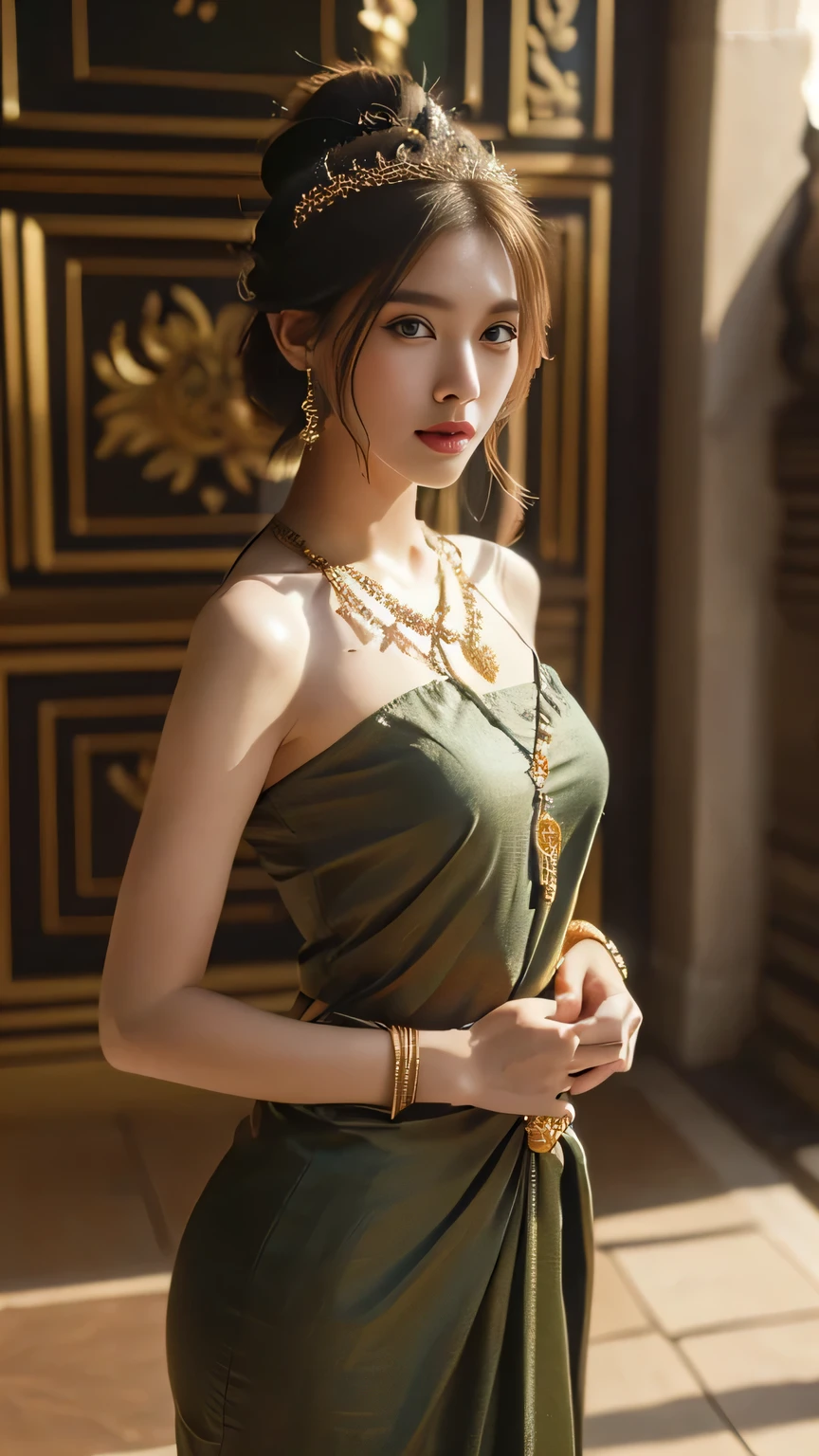 8K,Hooish goddess with short bob,Super Beauty(Like the real thing),White robe and white skirt,Beautiful white skin,Very nice smile,Perfect Anatomy,charm,Volume measurement,Body balance,Digital single-lens reflex camera, Soft lighting, Detailed Background, Written boundary depth, Volumetric lighting, Sharp focus, Absurd, Realistic proportions, Excellent anatomy, (Realistic, 超Realistic:1.4), 16K HDR, dawn,A High Resolution,super Realistic 肌,Super beautiful expression,Fantasy art,Character Art,Wind effects:1.9、Cloud Effect:1.2、Full Rendering、Professional quality high resolution、Perfect contrast、Perfect lighting、Perfect composition、Perfect Skin、Perfect Fingers、Perfect breasts、Perfect Hair、Perfect Face、Realistic facial features,super highest quality,Slim figure,Perfect body line,Perfect hand shape,Anatomical body balance,Highly detailed face,Highly detailed eyes,Beautiful Lips,Excellent light particles,Cinema Lighting,Makeup,Ultra-high resolution,Ultra-Realistic Skin,Accentuate your cleavage,Outside the Temple of Heaven,Gold Collar,Red Gemstone Necklace,Gold earrings,Gold Bracelet,Golden Eyes,Ethnic Goddess,
