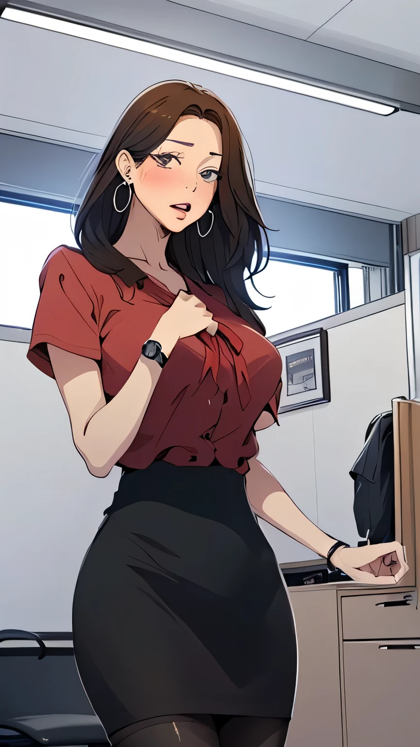 ( top quality, Very detailed, Anime images, Game CG, Art CG, actual , movie lighting, perfect shadow , actual lighting shading, Unity8k Wallpaper), OL, office lady clothes , office worker (Fashion), (Pencil Skirt), black pantyhose , black knee-high socks , Big , long hair, mature women who want oral sex, (Lace panties), The Perfect Eye , perfect face , earrings, (Purple garter: 1.1), Bible Black Style, Vulgar blush, nose, Watch Viewer, sexy pose ,Modern Office,desktop