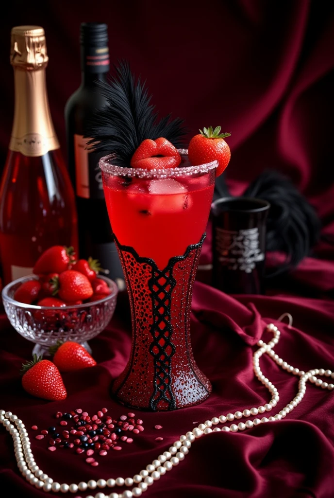 A sensual cocktail named "L’Entrave Rouge," served in a red, corset-shaped glass wrapped with lace details.  
The drink combines strawberry purée, champagne, a splash of pomegranate juice, and a touch of black pepper for an edgy twist.  
The garnish includes a strawberry carved into the shape of lips and a black feather laid delicately on the rim.  
Ingredients surround the glass: a bowl of strawberries, a bottle of champagne, pomegranate seeds, and a string of pearls for dramatic effect.  
The background is a boudoir-inspired setting with dim lighting, satin sheets, and a mysterious atmosphere.