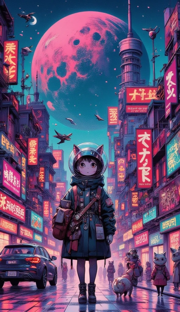 cyberpunk city, a giant planet in the sky, cat people in the street, a cat girl dressing in a large jacket and a fishbowl helmet, carrying a guitar case on her back, flying car, low angle, dutch angle,