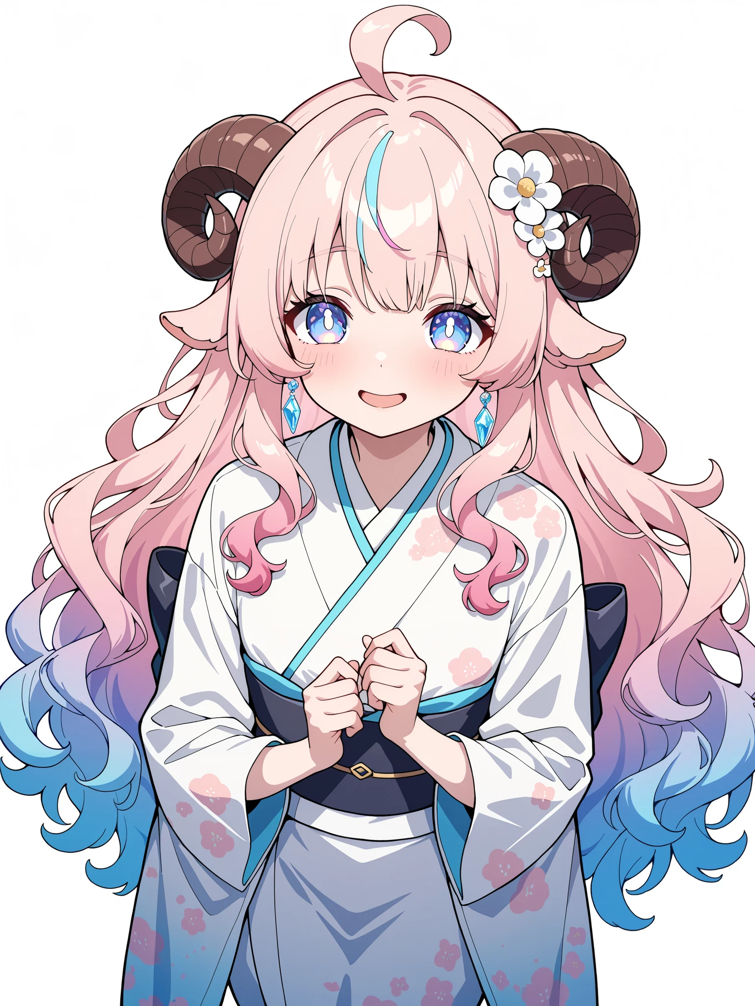 New Year, Happy New Year, Wavy Hair, High Resolution, 1girl, Super Detailed, Fluffy Hair, Streaked Hair, Character Design, Bright Pupils, Topknot, Gradient Hair, Solo, Shy, Tachi-e, Anime Style, Smile, Abatomically Correct, Masterpiece, Ahoge, Parted Lips, Very Long Hair, Pink Hair, Pink Eyes, Kimono, From Above, Wide-Angle, Hair Flower, Crystal Earrings, Soft Colors, Sheep horn