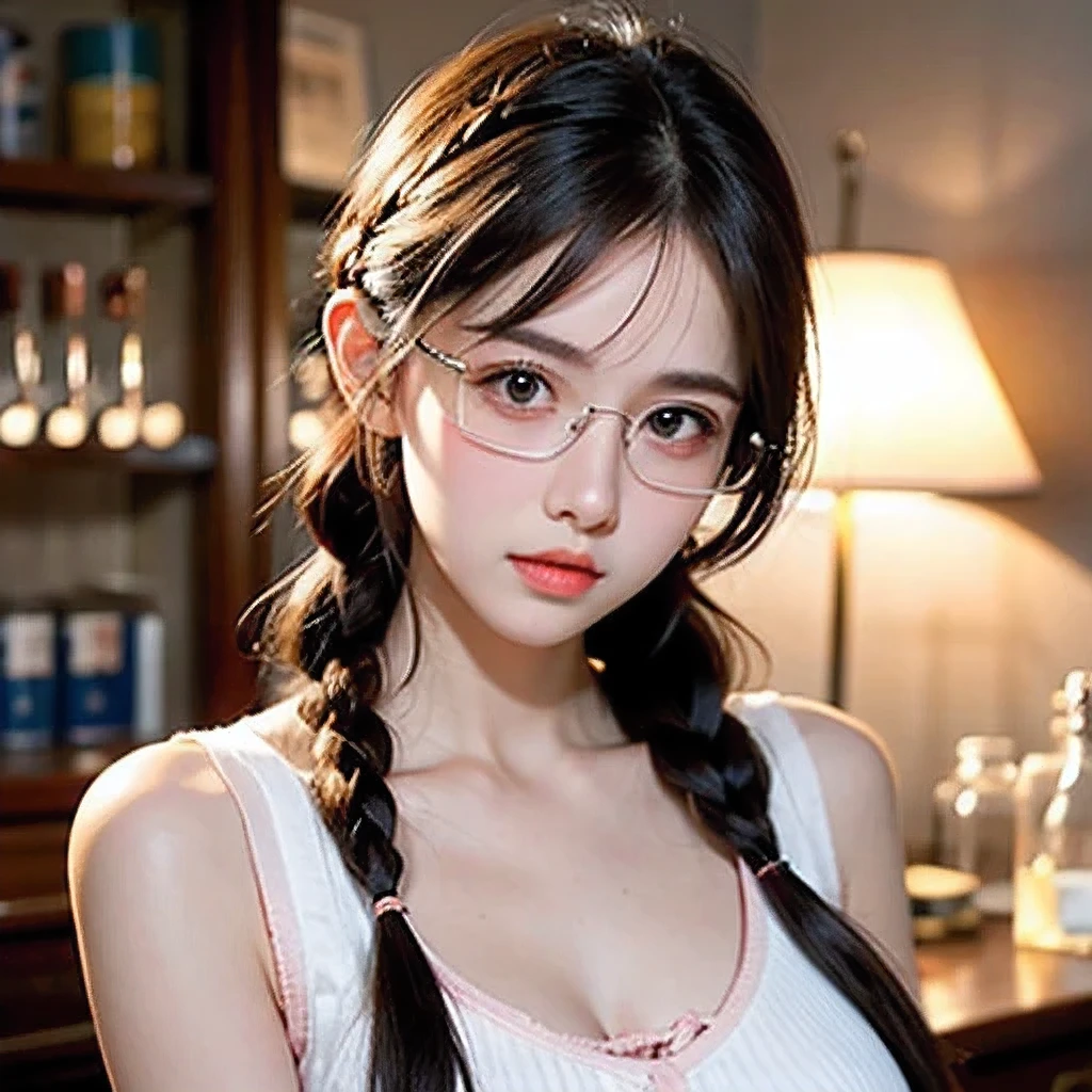 masterpiece, best quality, ultra-detailed, realistic,(1girl, blush, glasses, plait:1.2),(sleeveless), (laboratory)