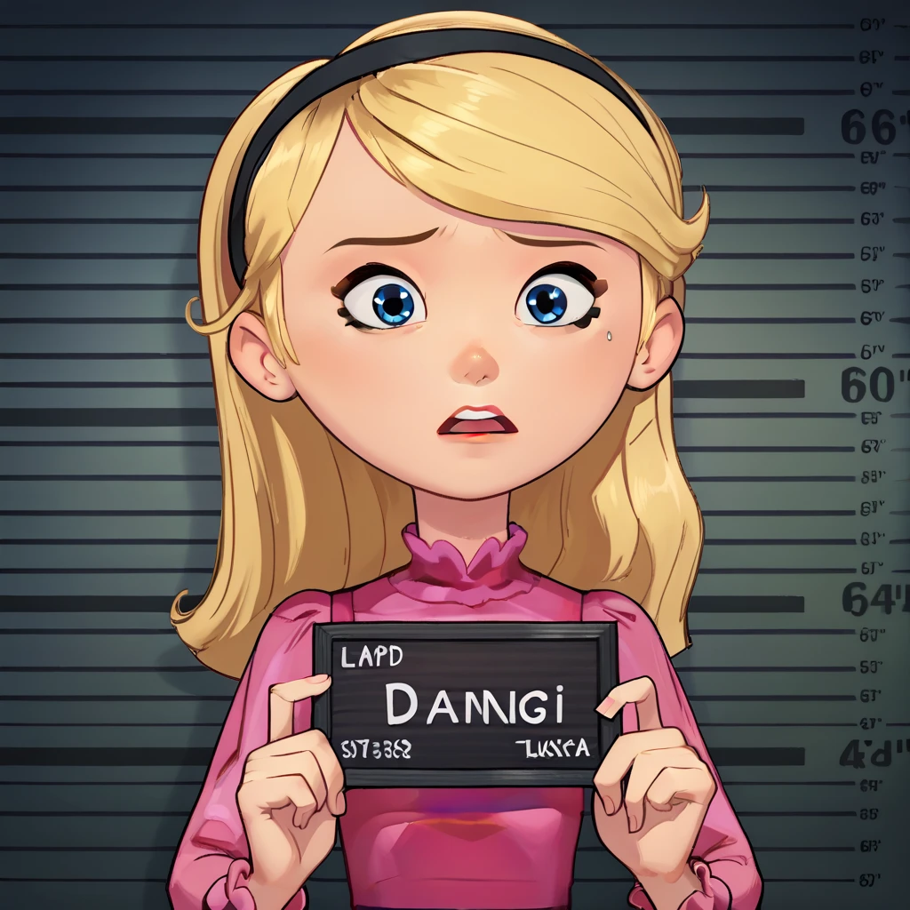 1girl, solo, full body, penny peterson, long hair, blue eyes, 3d, blonde hair, skirt, hairband, black hairband, white socks, dress, pink dress, long sleeves, Barbie mugshot, holding, nameplate, holding sign, letterboxed, looking at viewer, mugshot, open mouth, upper body, english text, scared, eyes Wide open 