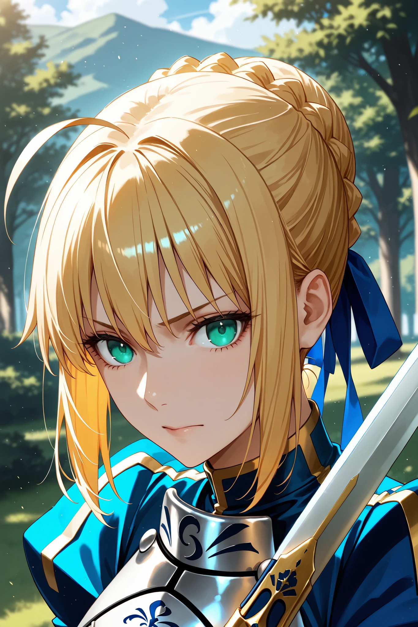 masterpiece, best quality, 2.5D, realistic, ,weapon, holding sword, 1girl, saber, fate_(series), 1girl, blonde_hair, green_eyes, tied hair
